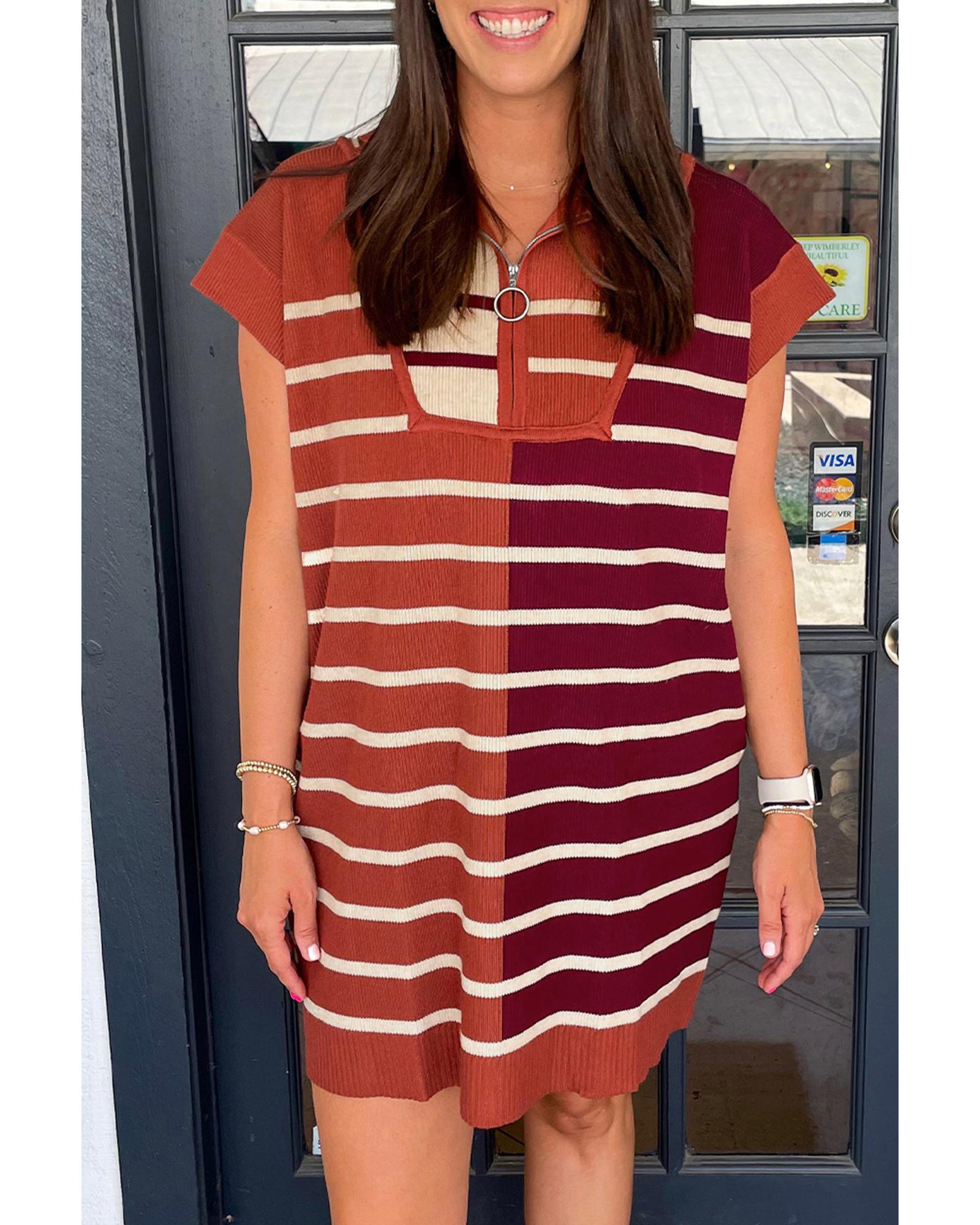 Brown Stripe Color Block Quarter Zip Collar Short Sleeve Sweater Dress - M 7