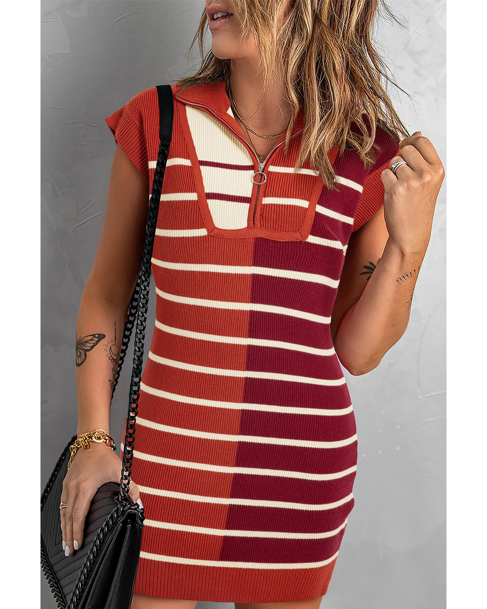 Brown Stripe Color Block Quarter Zip Collar Short Sleeve Sweater Dress - S