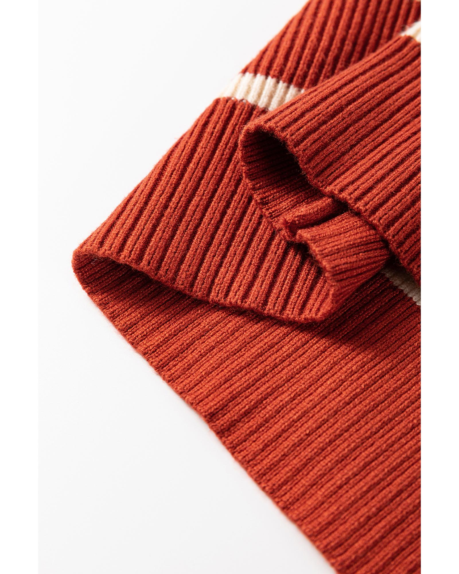 Brown Stripe Color Block Quarter Zip Collar Short Sleeve Sweater Dress - S 6