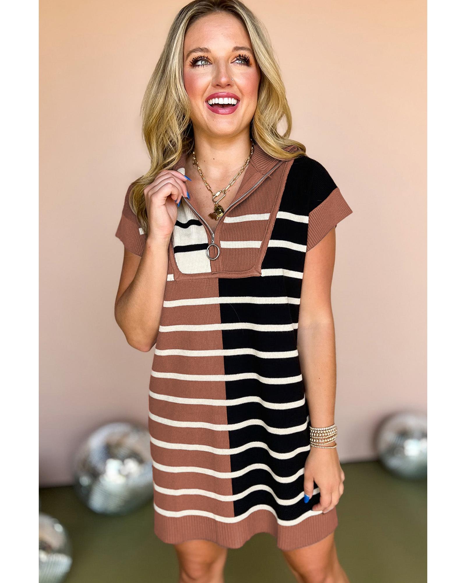 Black Stripe Color Block Quarter Zip Collar Short Sleeve Sweater Dress - S 8