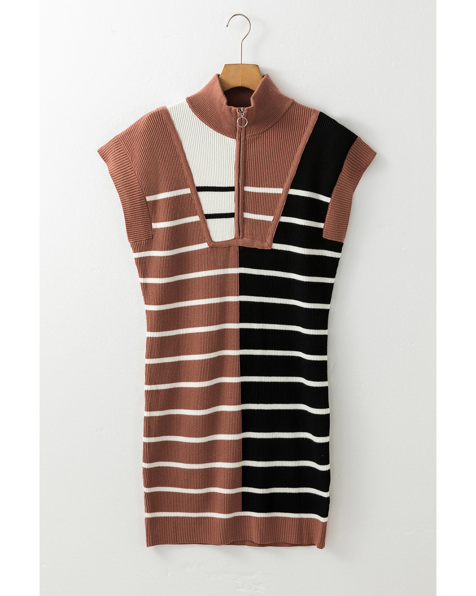 Black Stripe Color Block Quarter Zip Collar Short Sleeve Sweater Dress - XL 3