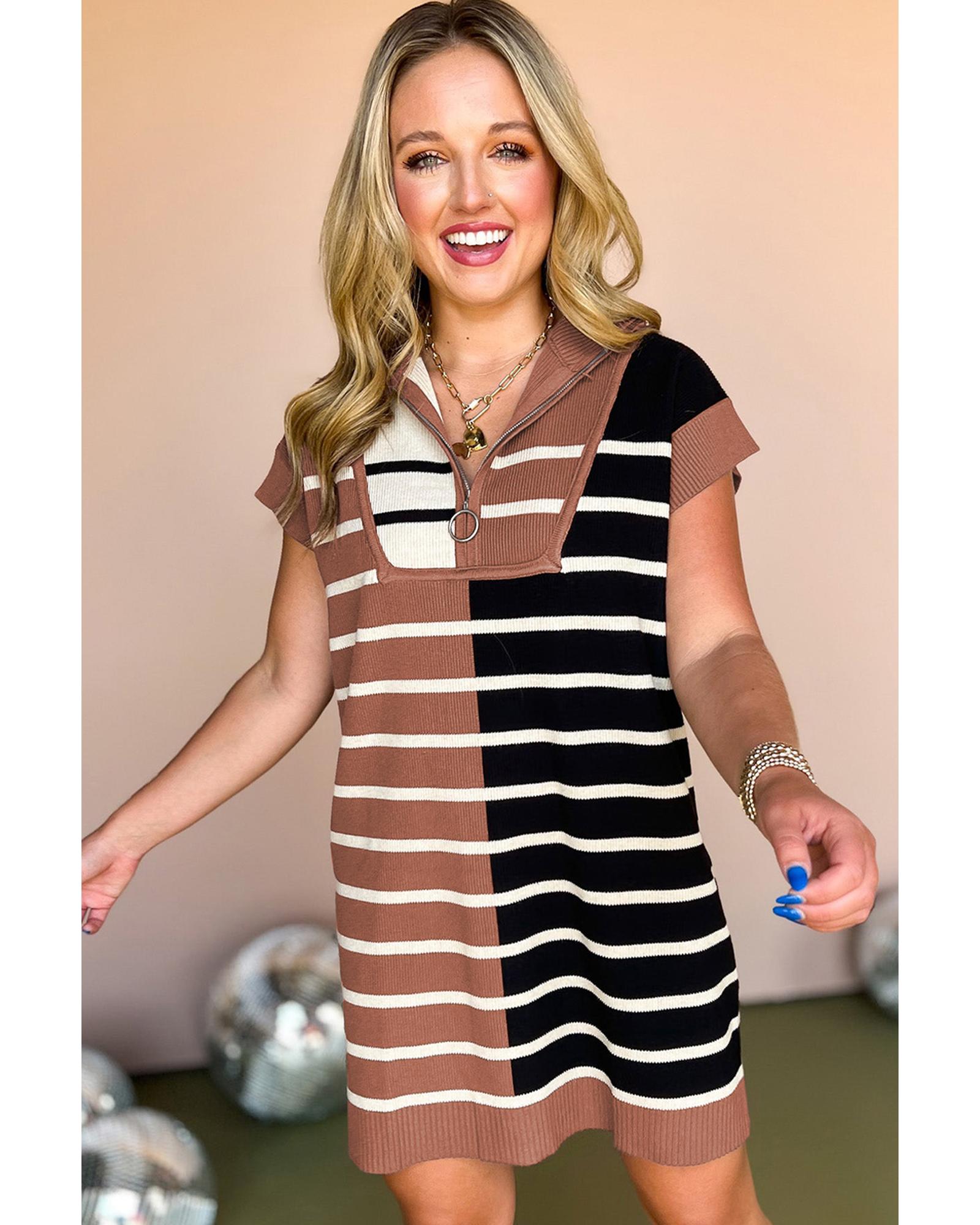 Black Stripe Color Block Quarter Zip Collar Short Sleeve Sweater Dress - XL 4