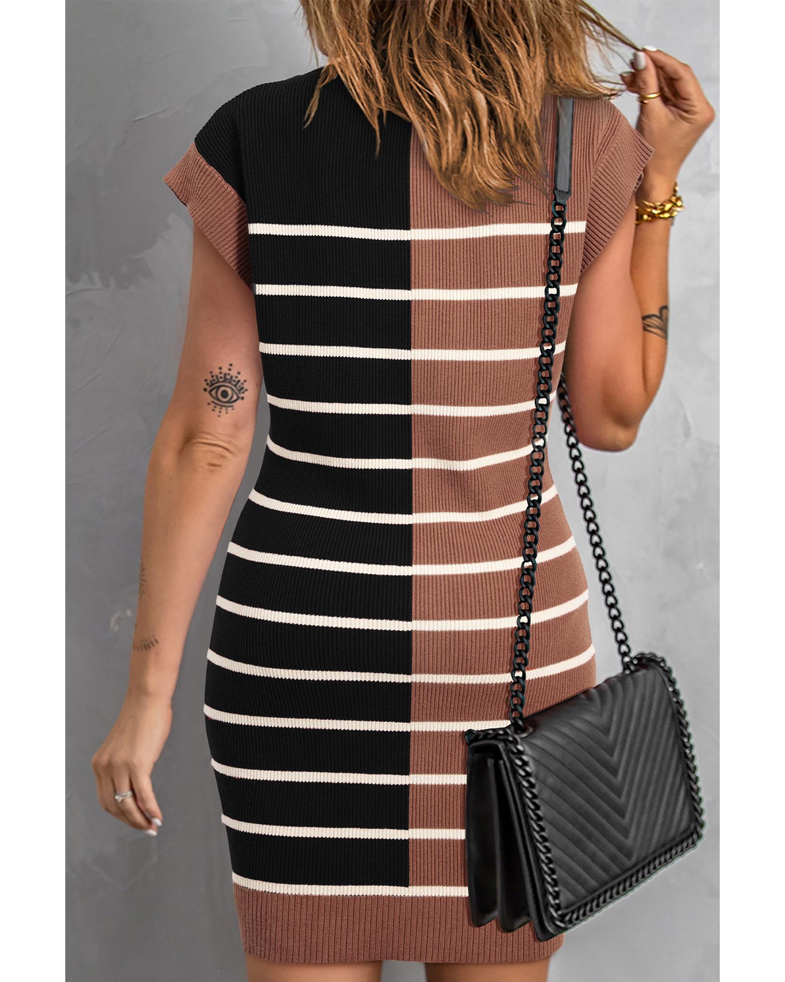 Black Stripe Color Block Quarter Zip Collar Short Sleeve Sweater Dress - XL 6