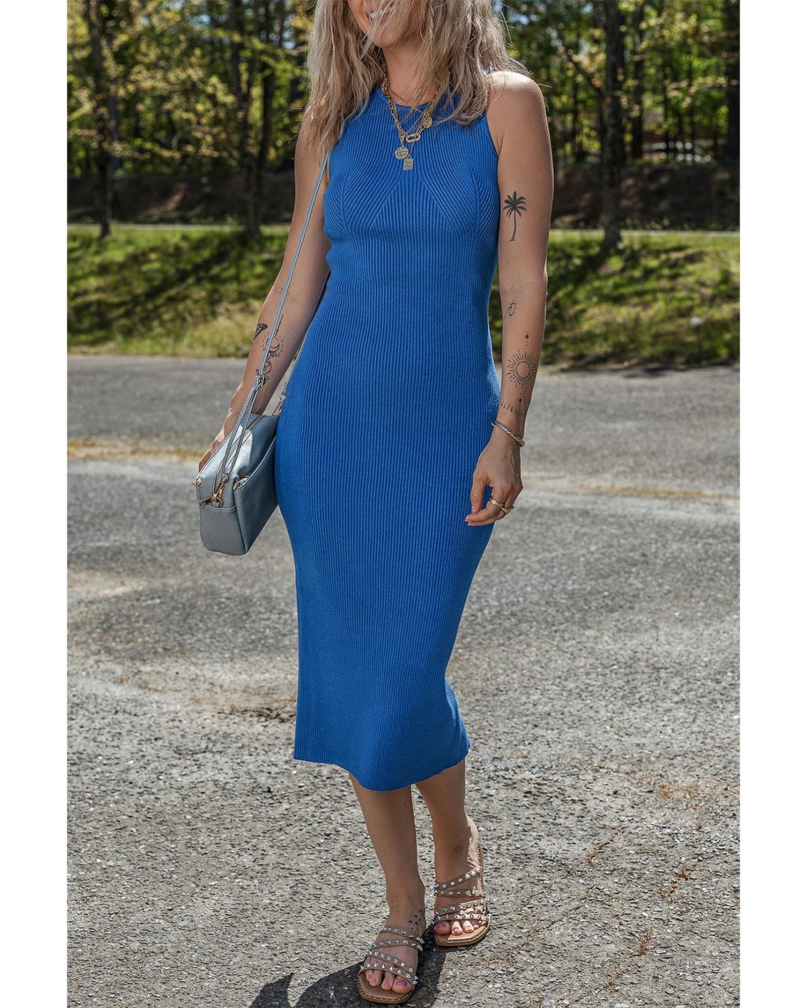 Dark Blue Solid Ribbed Knit Sheath Sleeveless Midi Sweater Dress - L