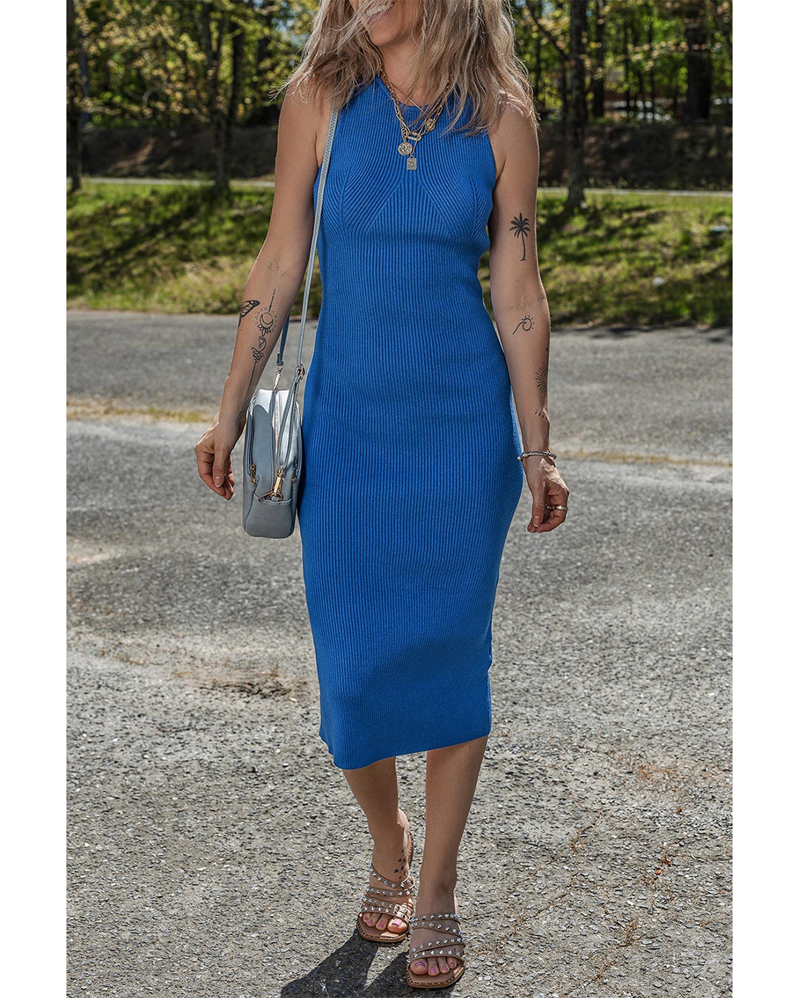 Dark Blue Solid Ribbed Knit Sheath Sleeveless Midi Sweater Dress - XL 3