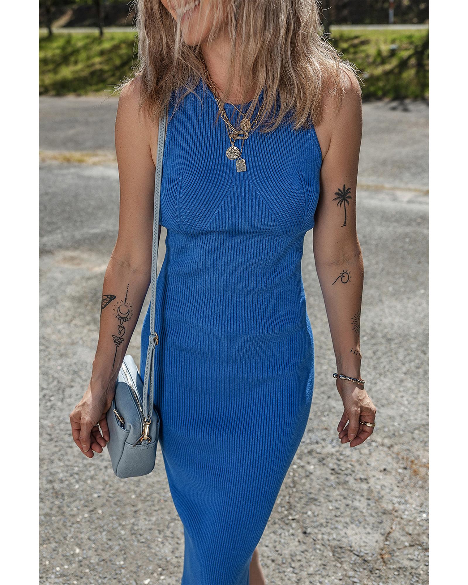 Dark Blue Solid Ribbed Knit Sheath Sleeveless Midi Sweater Dress - XL 7