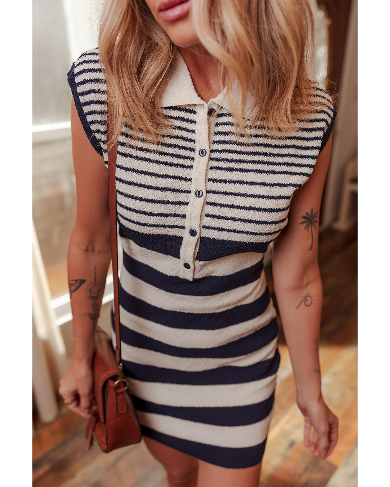 Black Mixed Striped Print Half Placket Collared Cap Sleeve Bodycon Sweater Dress - L 6