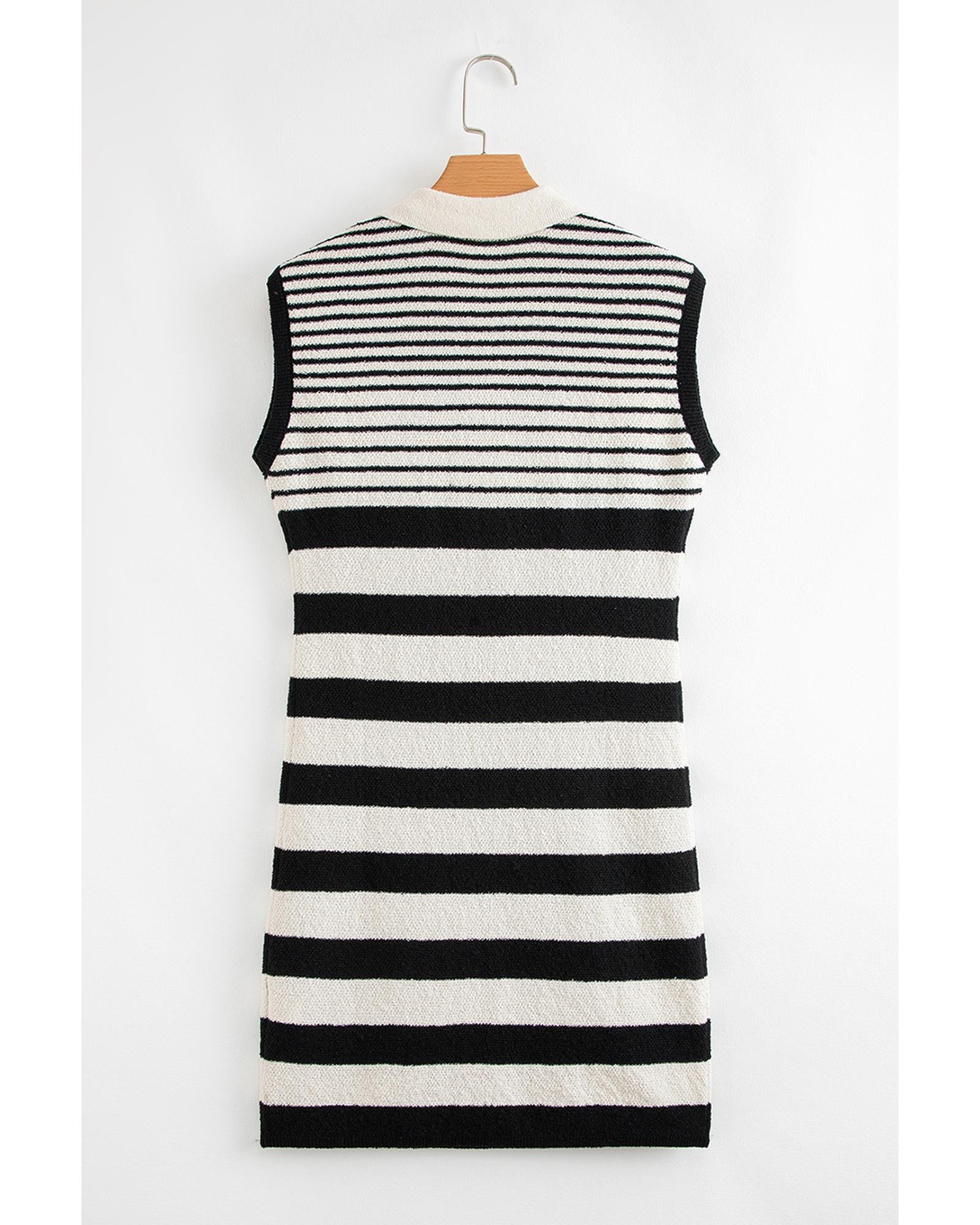 Black Mixed Striped Print Half Placket Collared Cap Sleeve Bodycon Sweater Dress - L 8