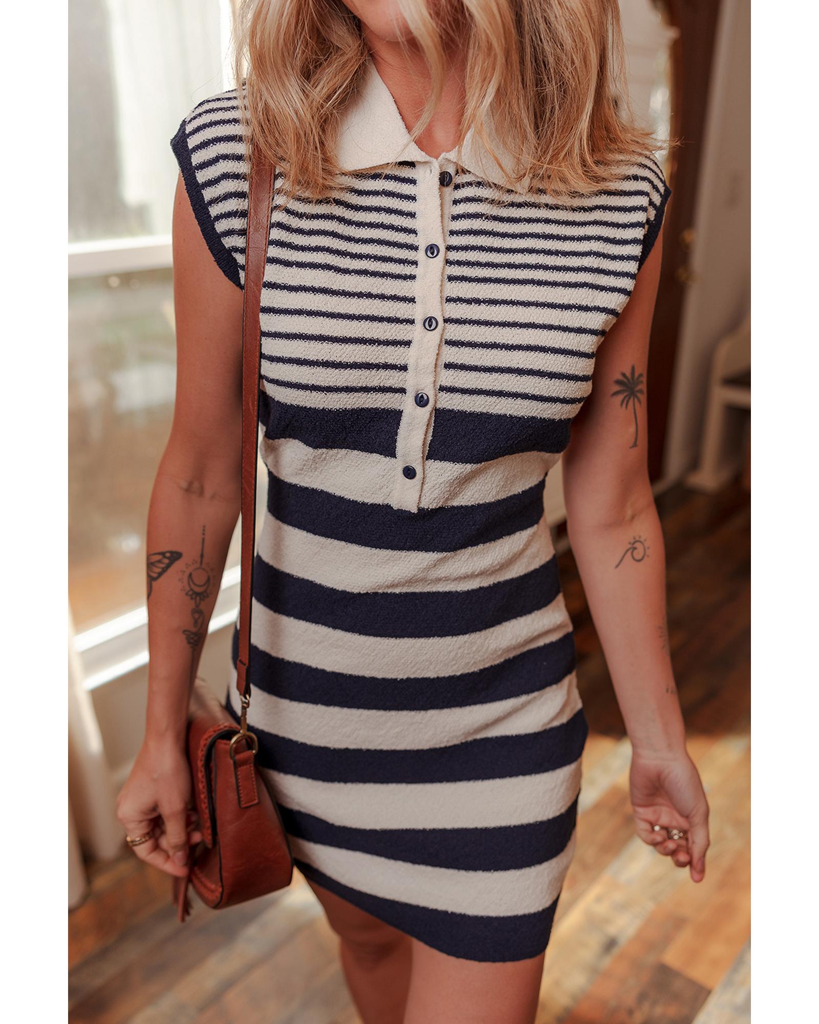 Black Mixed Striped Print Half Placket Collared Cap Sleeve Bodycon Sweater Dress - XL 4