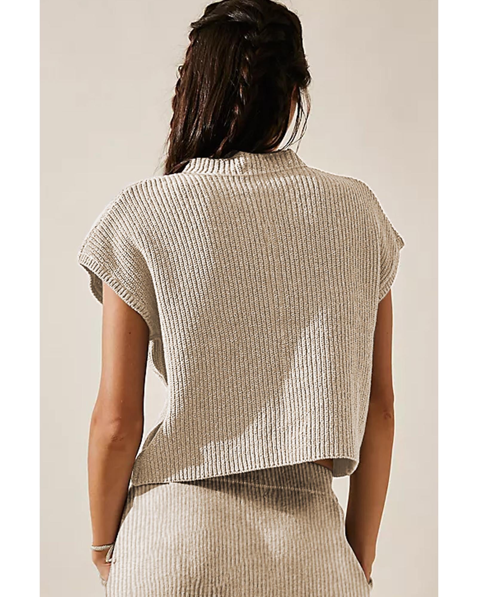 Apricot Chest Pocket V Neck Ribbed Cap Sleeve Sweater - M 3