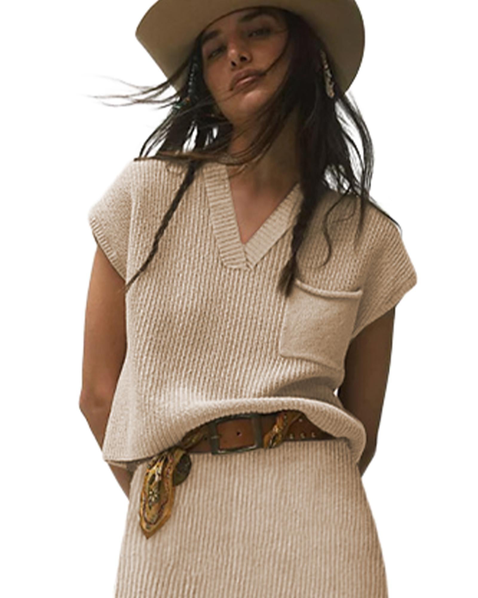 Apricot Chest Pocket V Neck Ribbed Cap Sleeve Sweater - XL 3