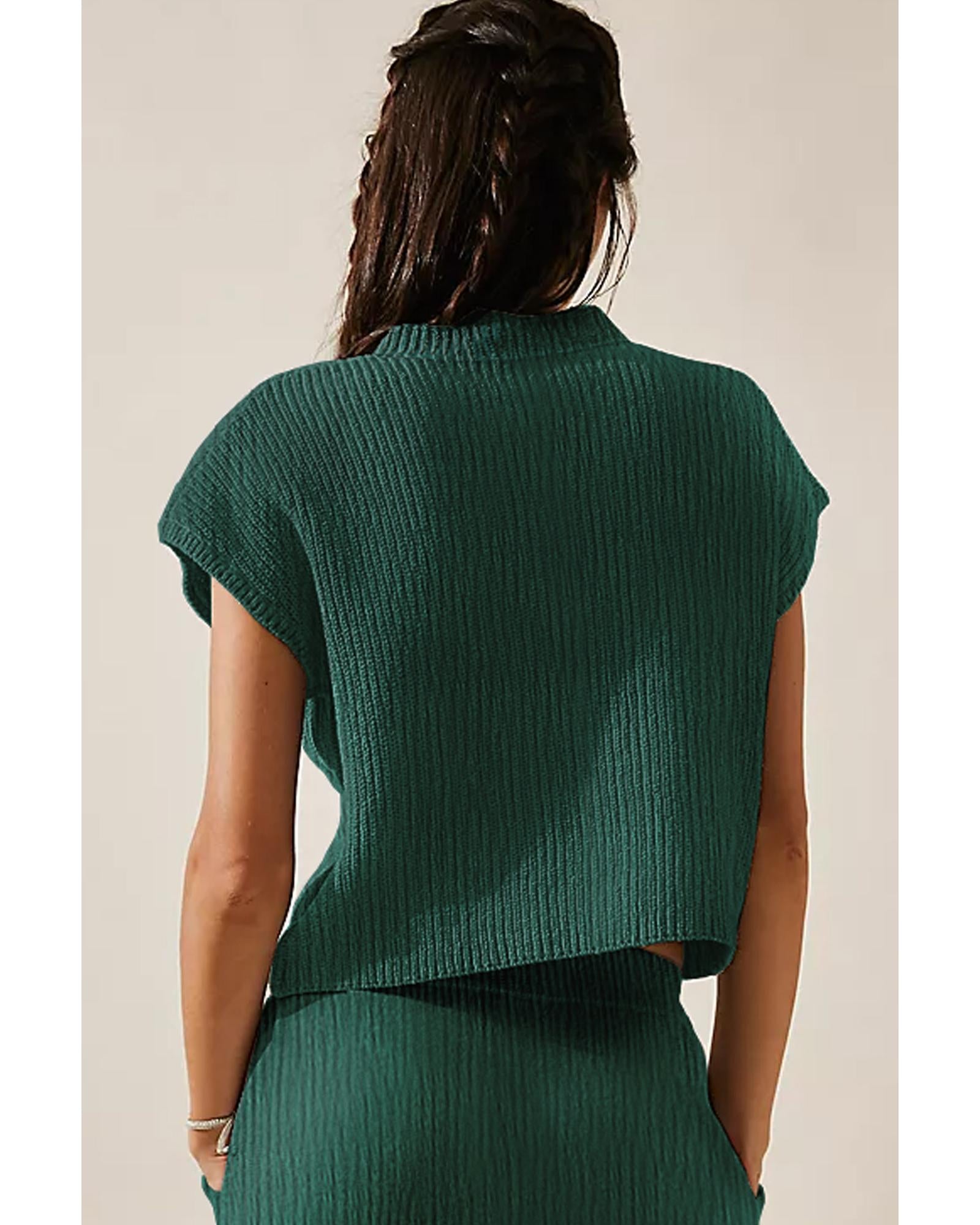 Blackish Green Chest Pocket V Neck Ribbed Cap Sleeve Sweater - L