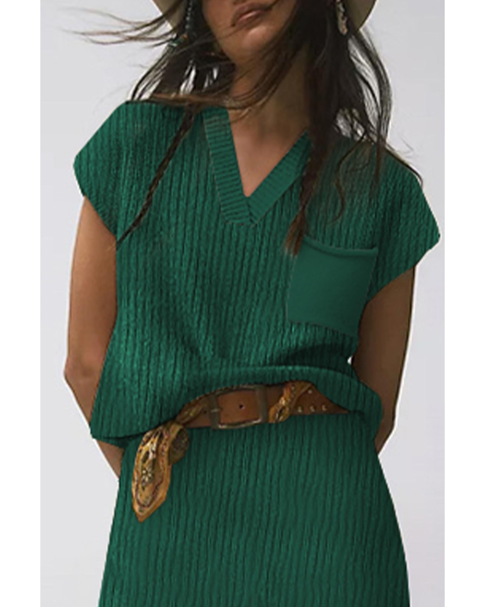 Blackish Green Chest Pocket V Neck Ribbed Cap Sleeve Sweater - L 4