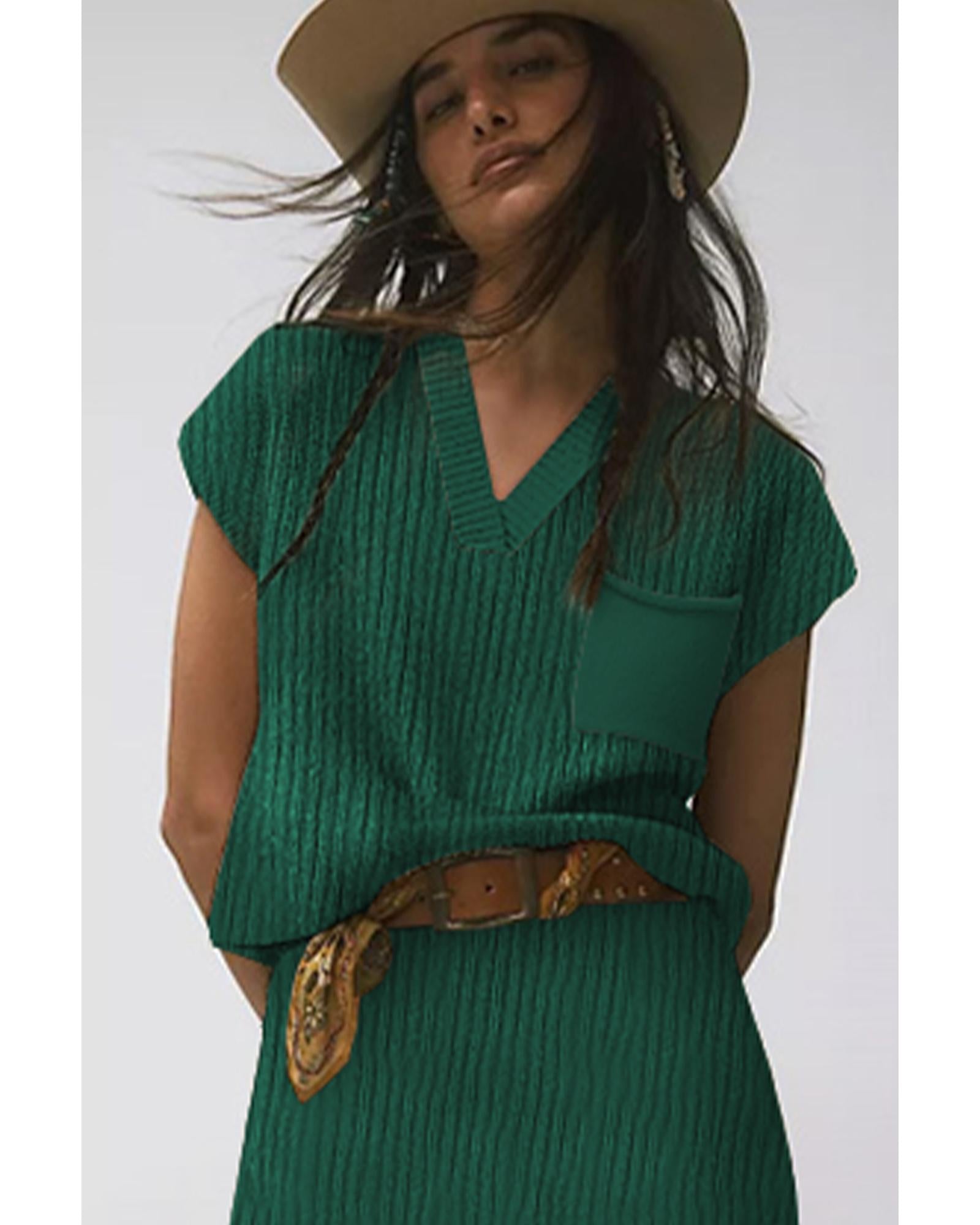Blackish Green Chest Pocket V Neck Ribbed Cap Sleeve Sweater - S 4