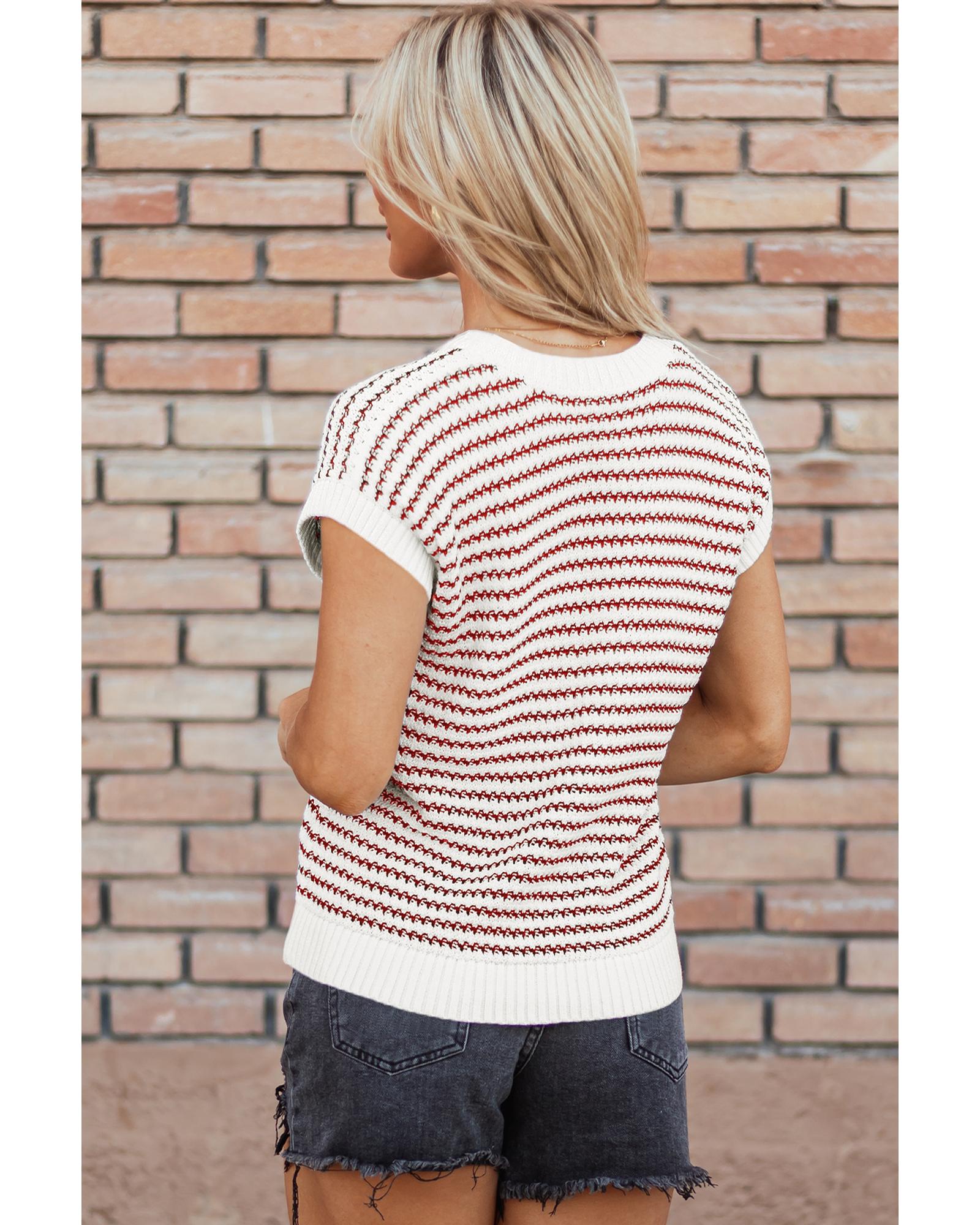 Red Stripe Ribbed Trim Loose Fit Knitted Sweater Vest - L 5