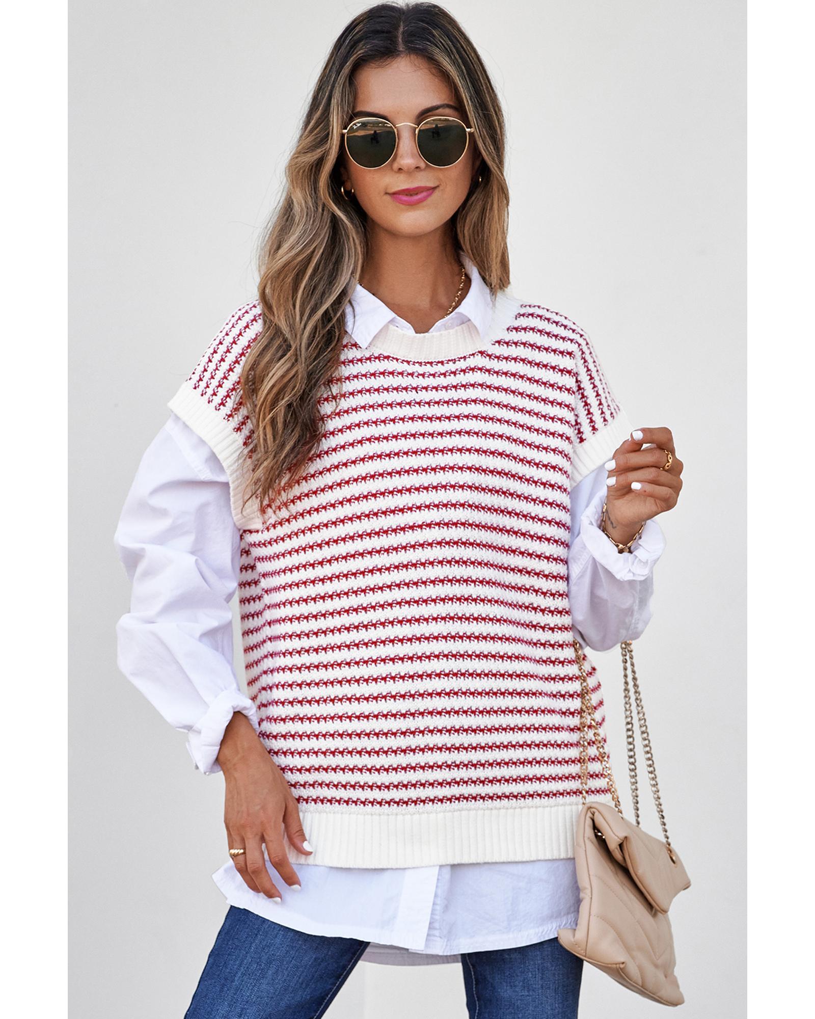 Red Stripe Ribbed Trim Loose Fit Knitted Sweater Vest - L 6