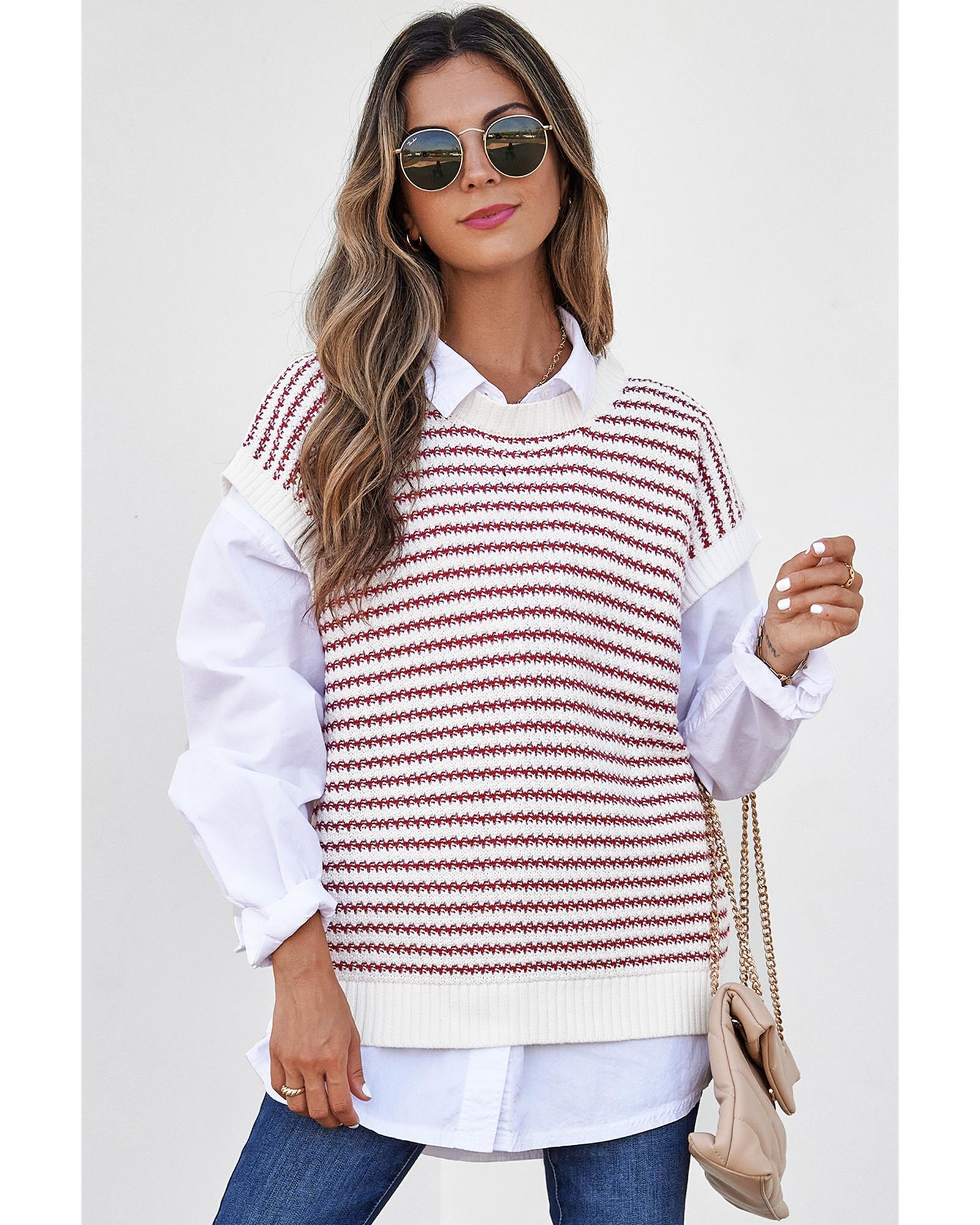 Red Stripe Ribbed Trim Loose Fit Knitted Sweater Vest - L 7