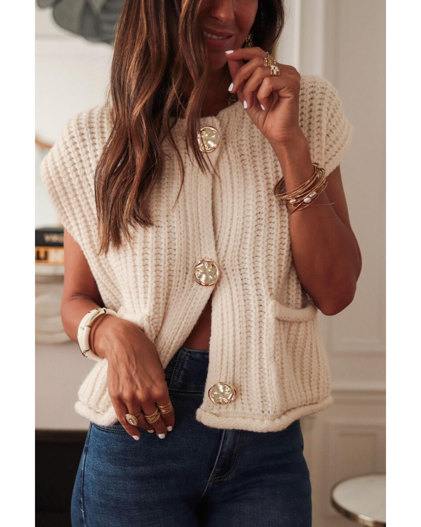White Solid Textured Knit Side Pockets Buttoned Sweater Vest - XL 3