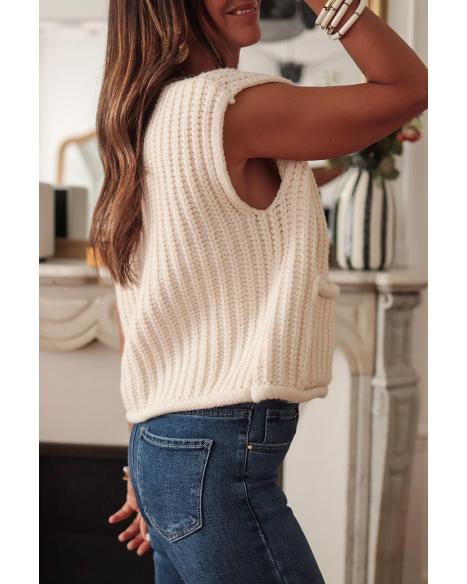 White Solid Textured Knit Side Pockets Buttoned Sweater Vest - XL 4