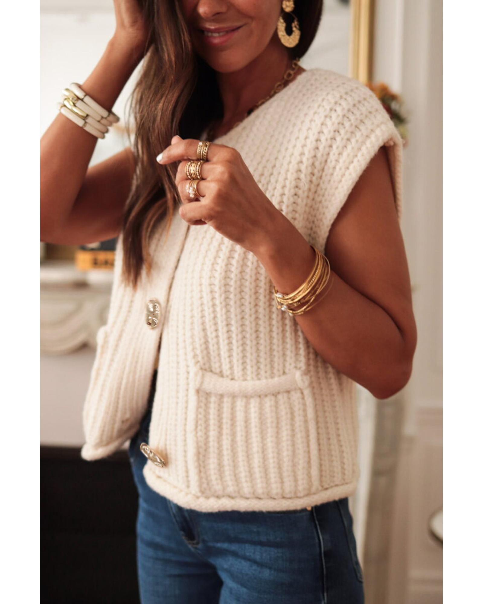 White Solid Textured Knit Side Pockets Buttoned Sweater Vest - XL 7