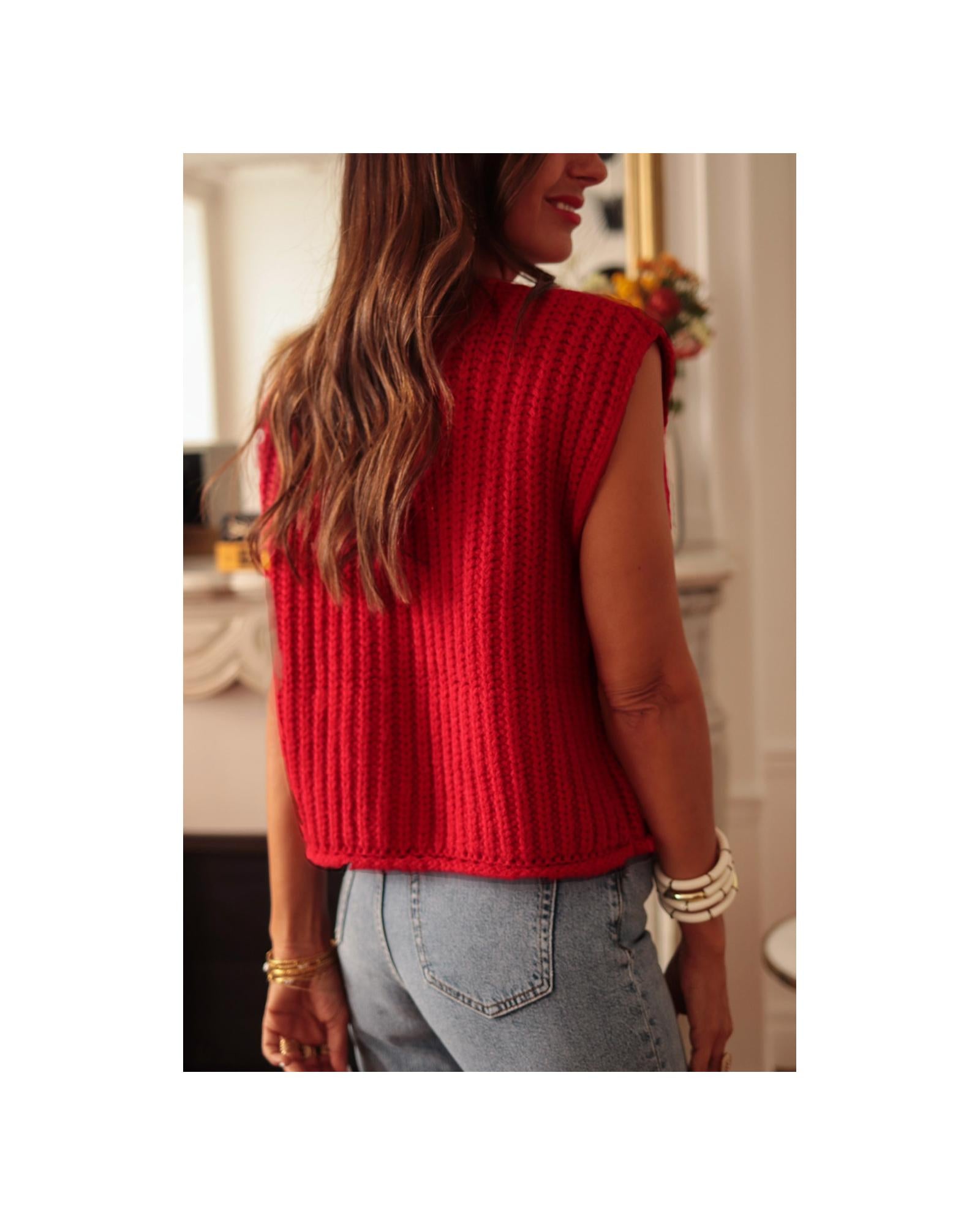 Fiery Red Solid Textured Knit Side Pockets Buttoned Sweater Vest - L