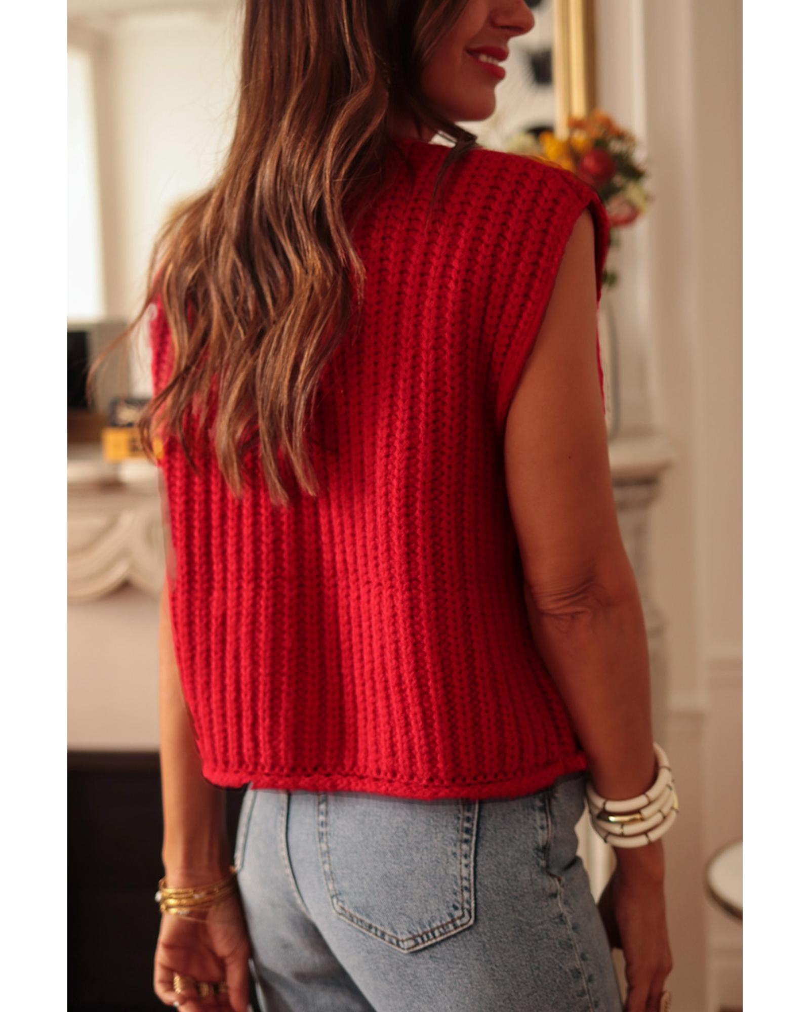 Fiery Red Solid Textured Knit Side Pockets Buttoned Sweater Vest - M 4