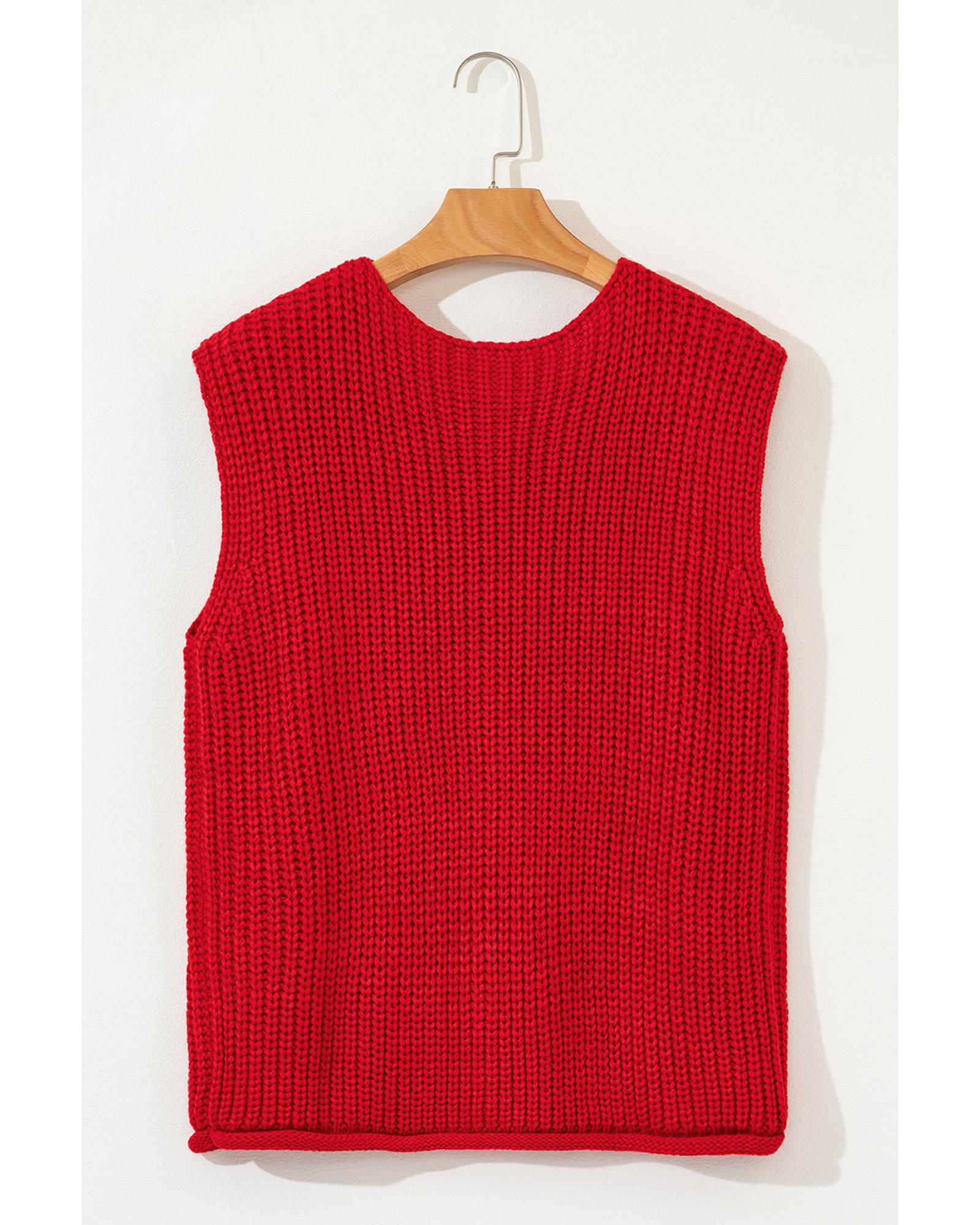 Fiery Red Solid Textured Knit Side Pockets Buttoned Sweater Vest - S 5