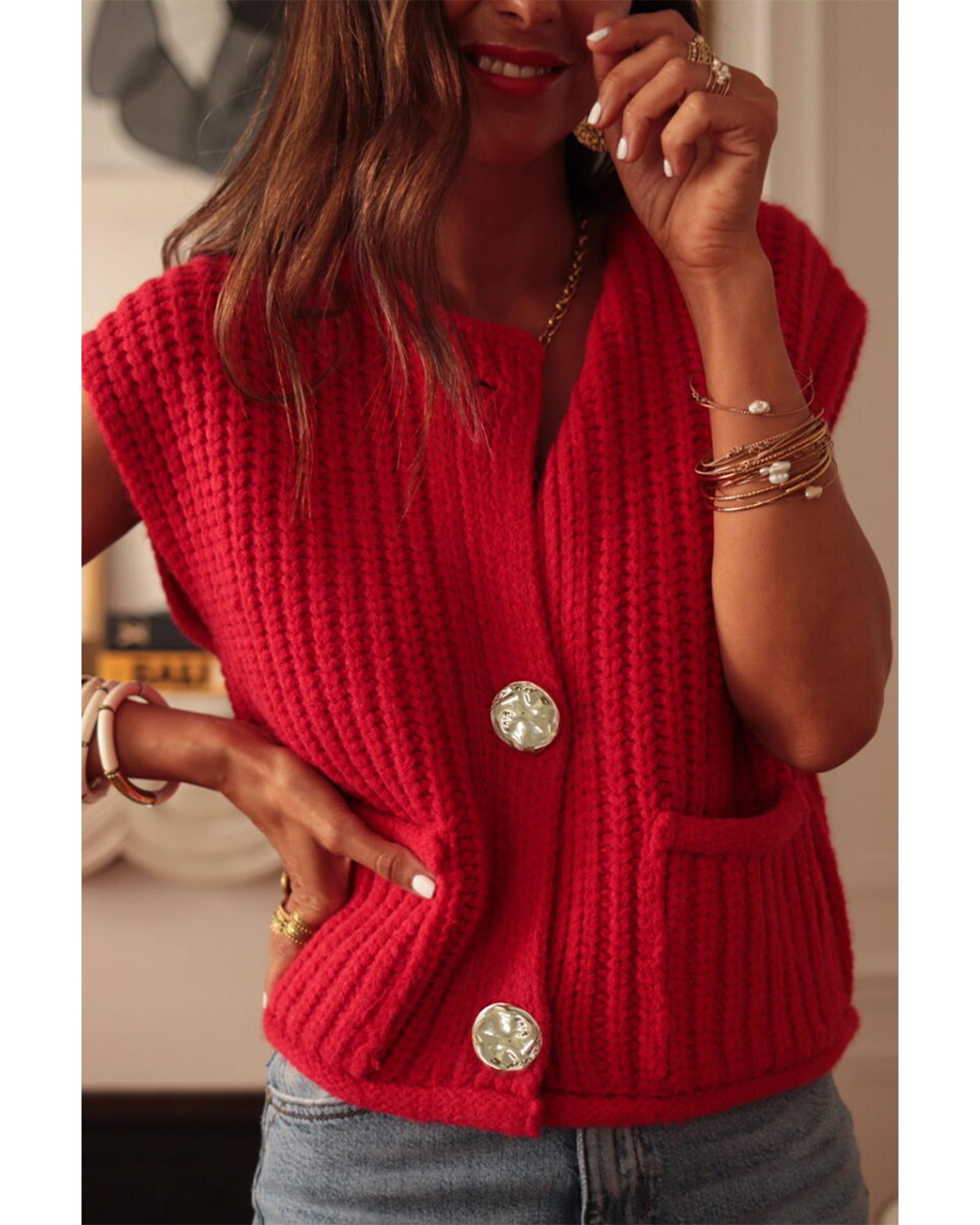 Fiery Red Solid Textured Knit Side Pockets Buttoned Sweater Vest - S 6