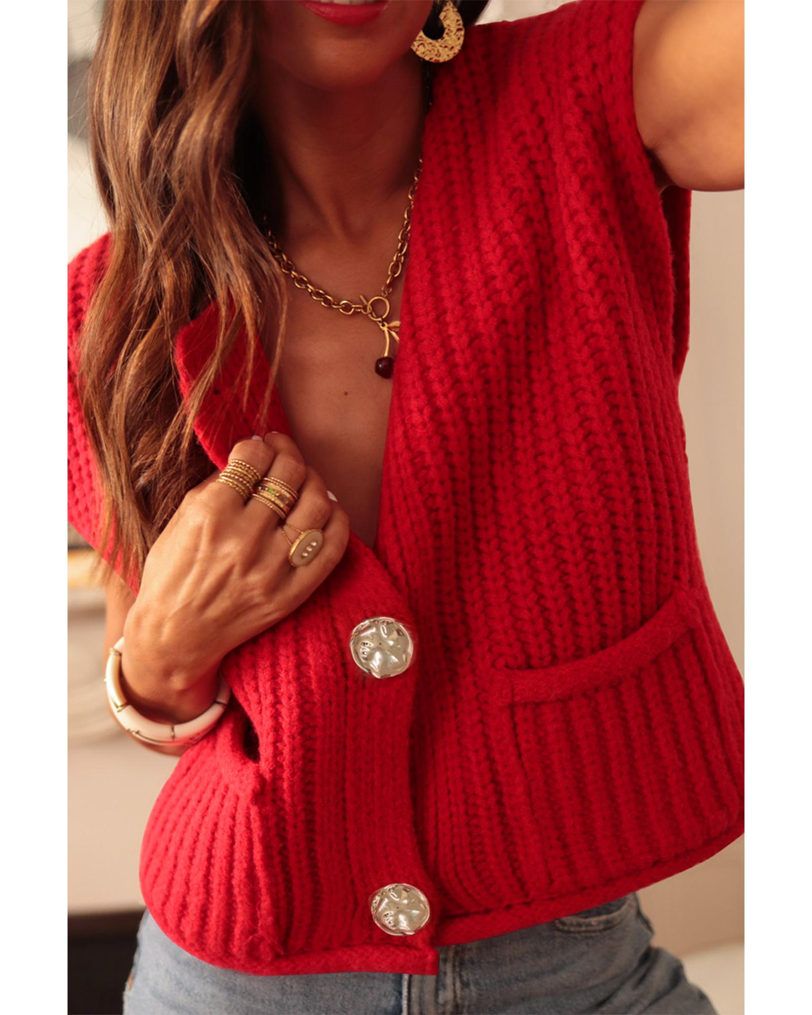 Fiery Red Solid Textured Knit Side Pockets Buttoned Sweater Vest - XL