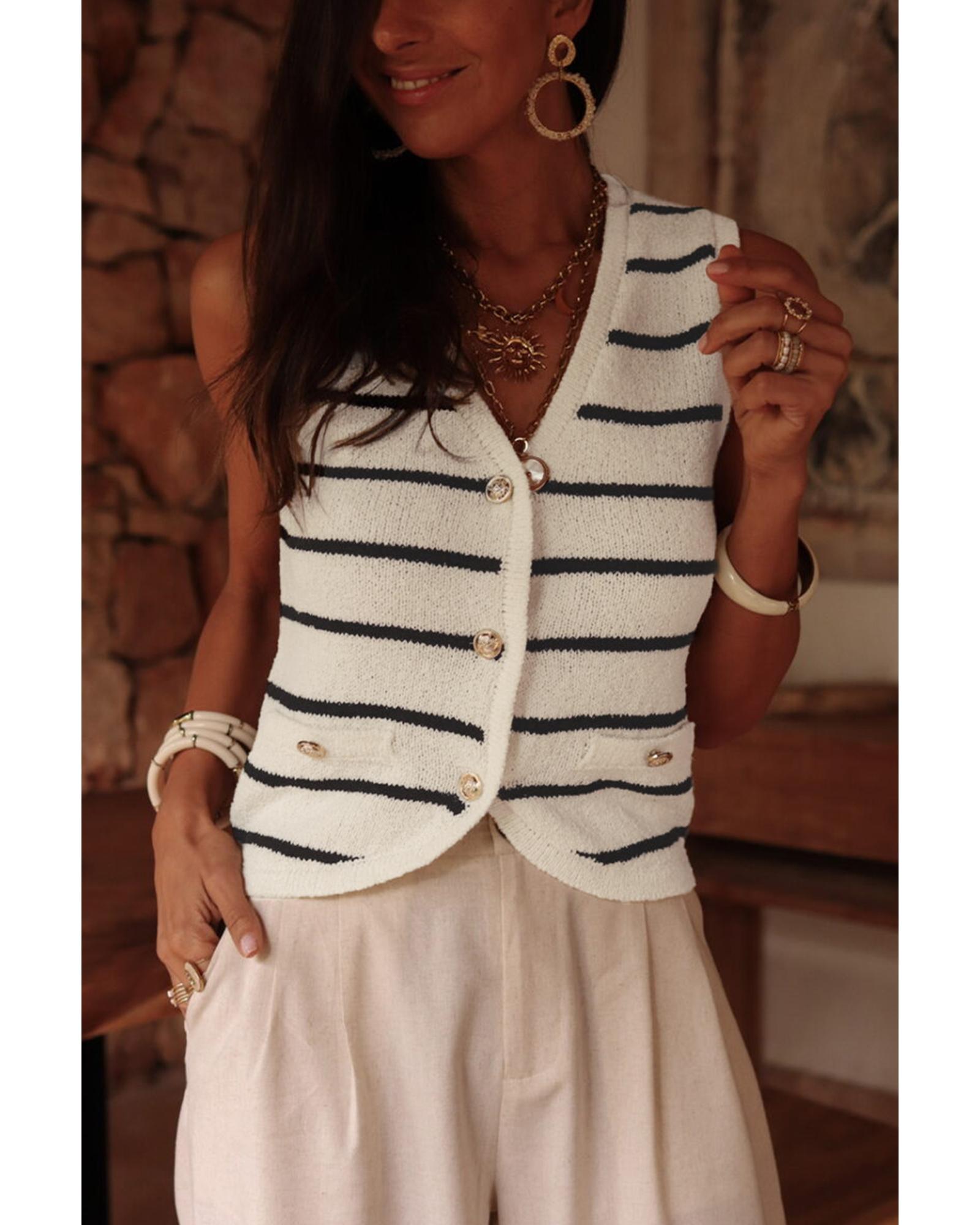 Black Stripe Buttoned V Neck Slim Fit Sweater Vest - XL 5