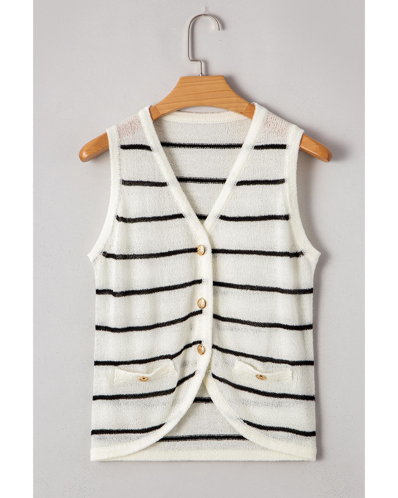 Black Stripe Buttoned V Neck Slim Fit Sweater Vest - XL 7