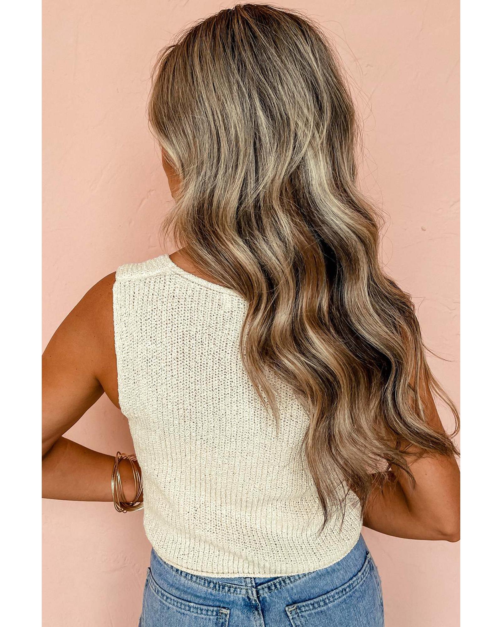 Beige Lace-up Front V Neck Sweater Vest - M