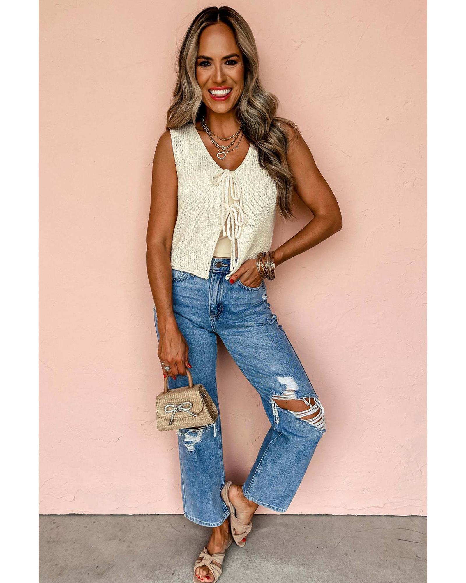 Beige Lace-up Front V Neck Sweater Vest - M 4