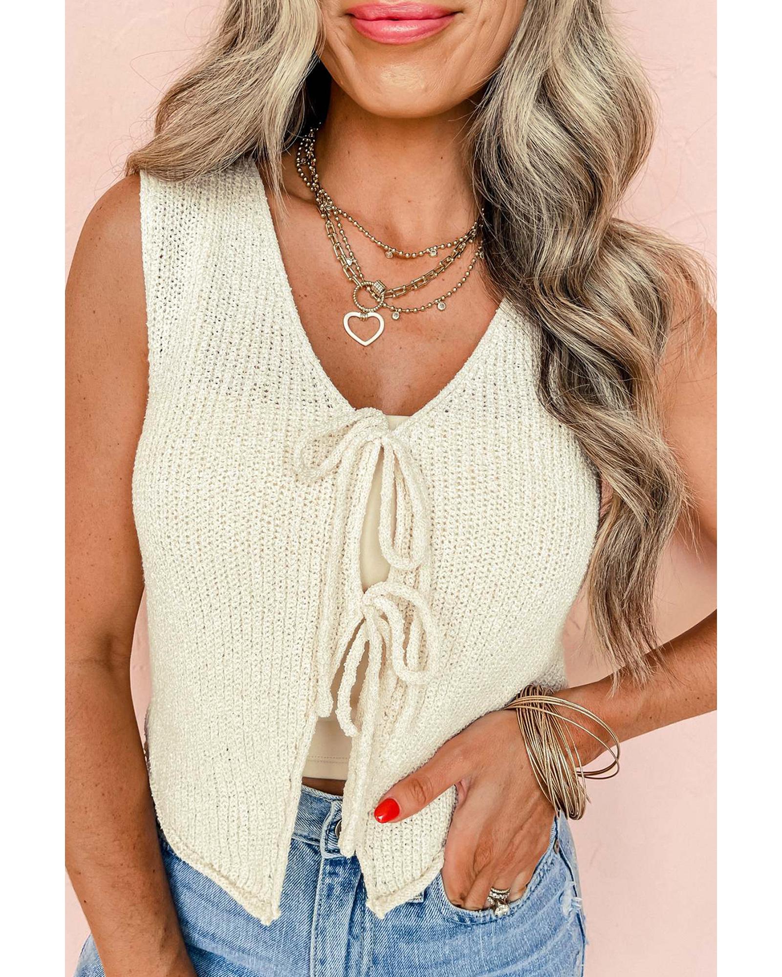 Beige Lace-up Front V Neck Sweater Vest - M 5