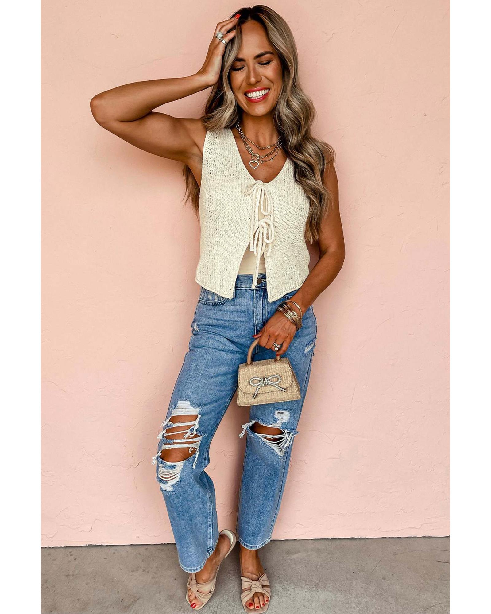 Beige Lace-up Front V Neck Sweater Vest - XL 6