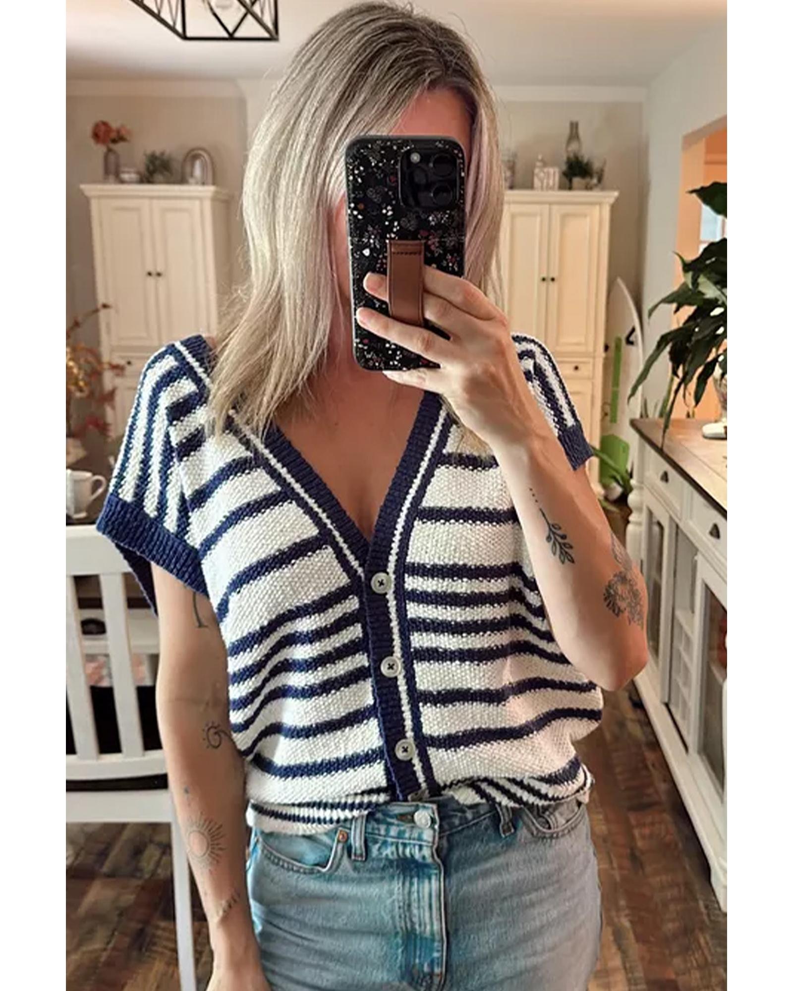 Blue Stripe Loose Buttoned V Neck Sweater Vest - M 6