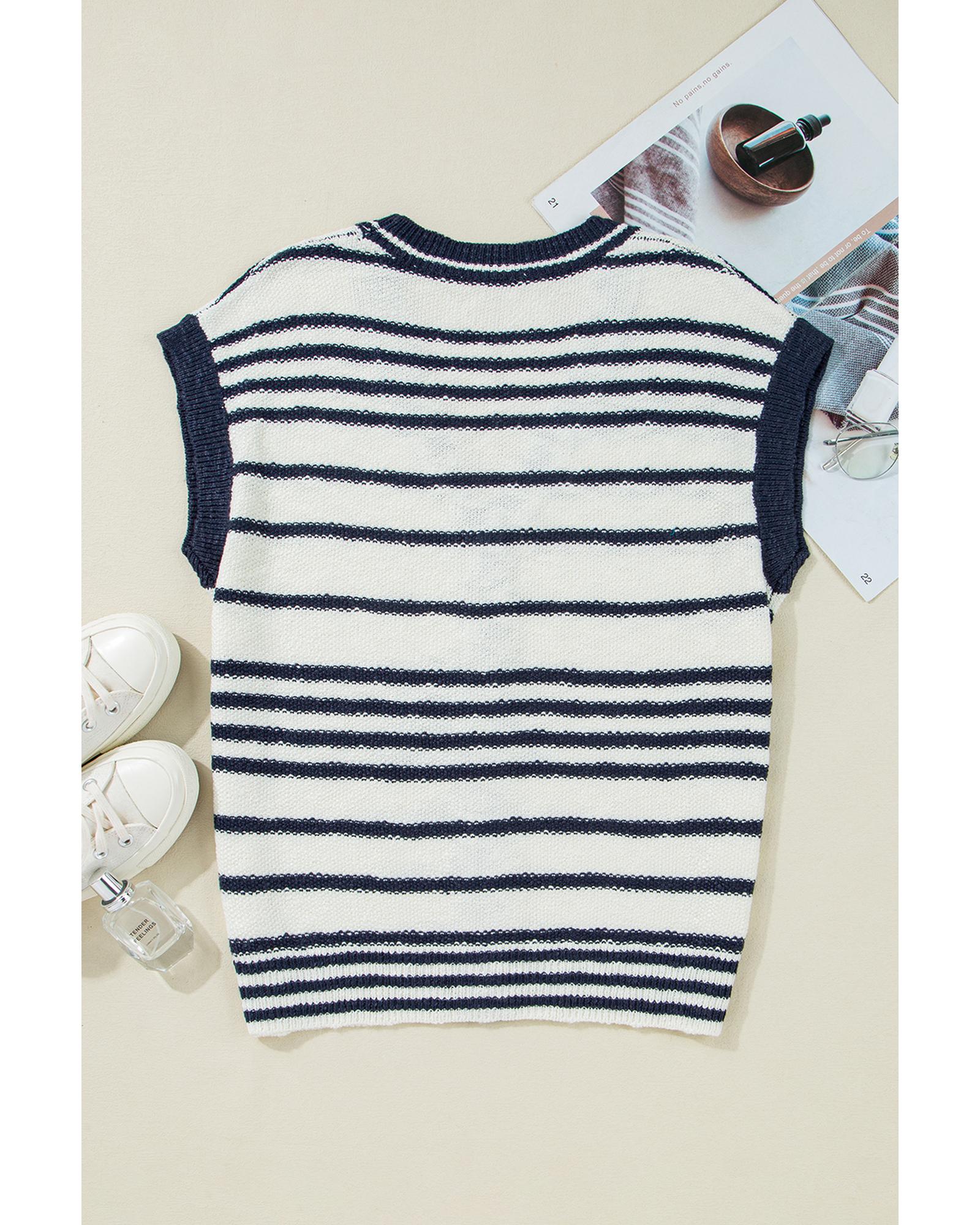 Blue Stripe Loose Buttoned V Neck Sweater Vest - M 8