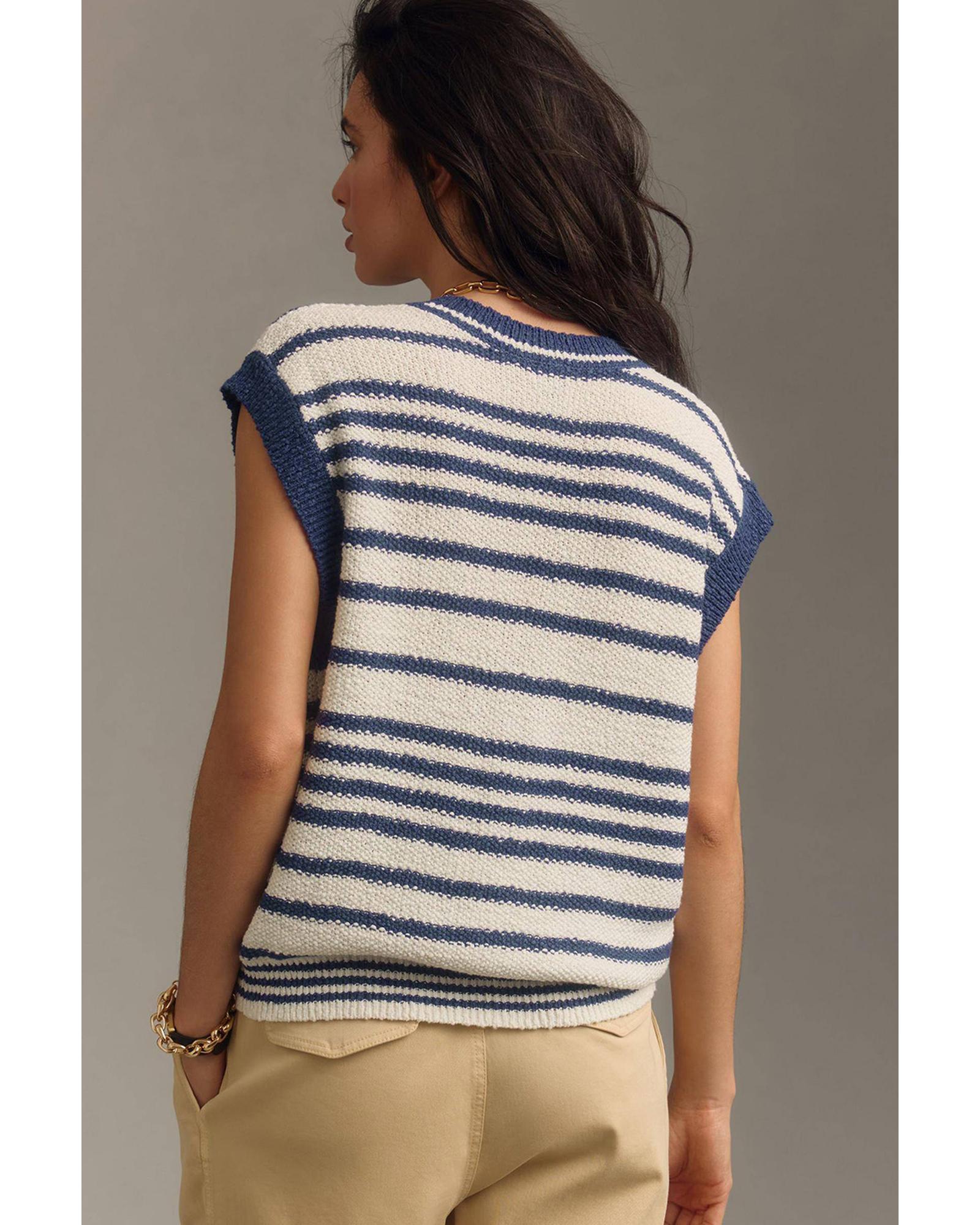 Blue Stripe Loose Buttoned V Neck Sweater Vest - XL
