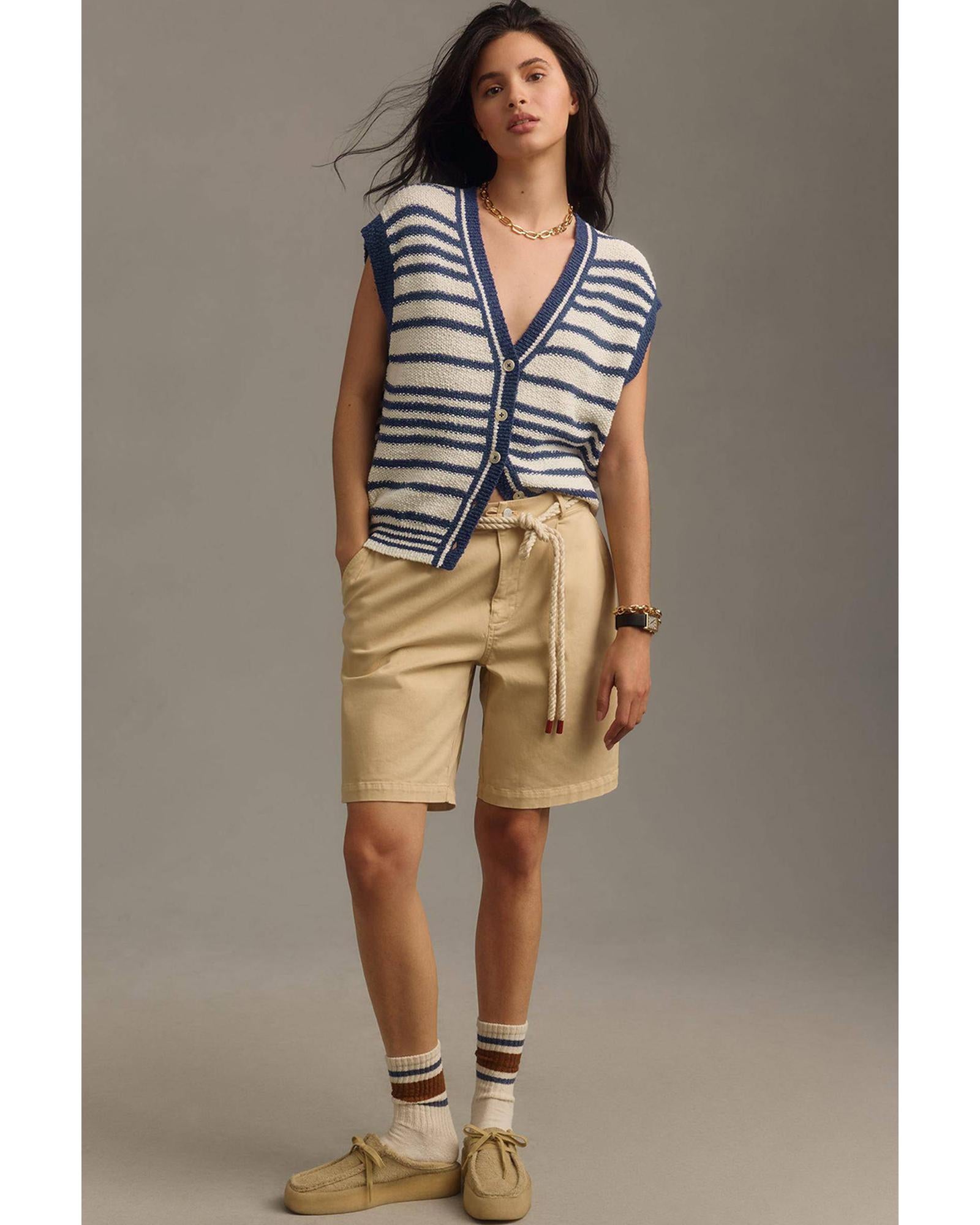 Blue Stripe Loose Buttoned V Neck Sweater Vest - XL 4