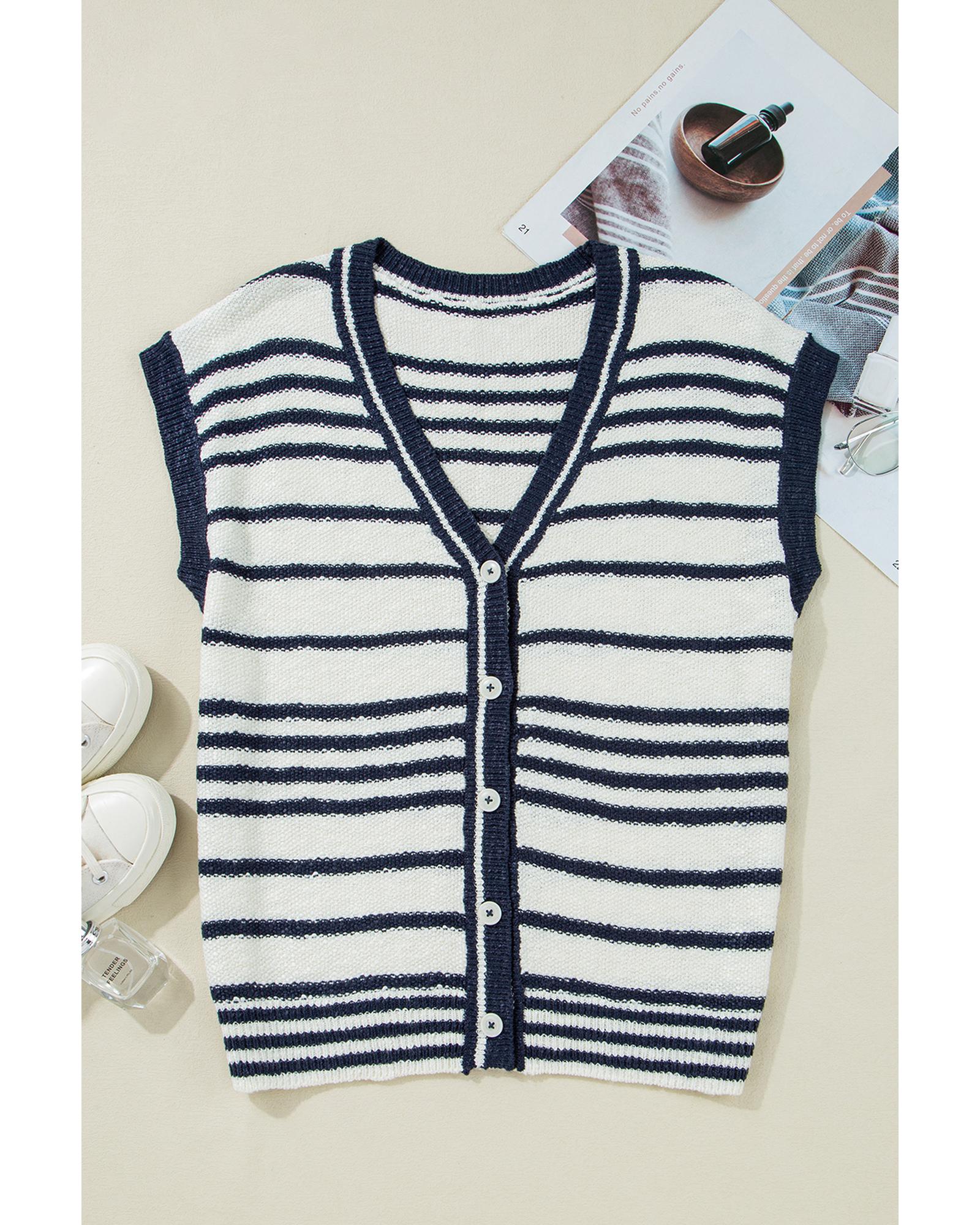 Blue Stripe Loose Buttoned V Neck Sweater Vest - XL 7