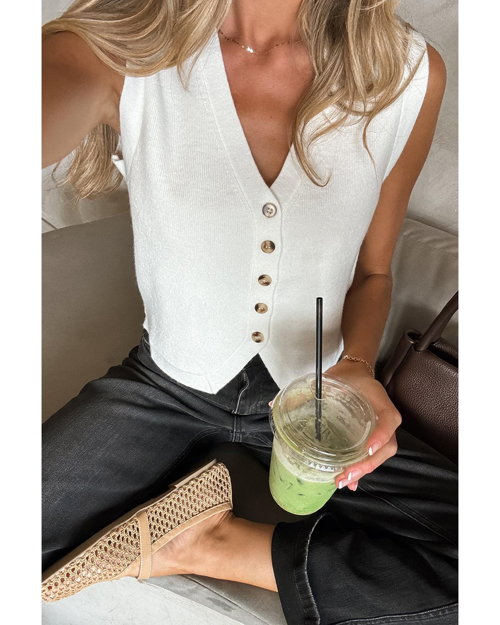 White V Neck Buttoned Sweater Vest - M 3