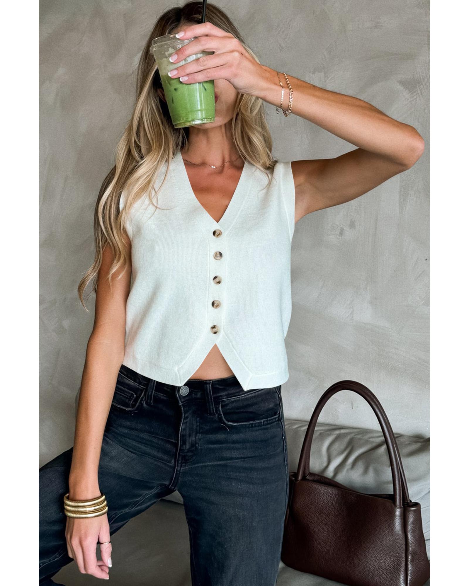 White V Neck Buttoned Sweater Vest - XL 4