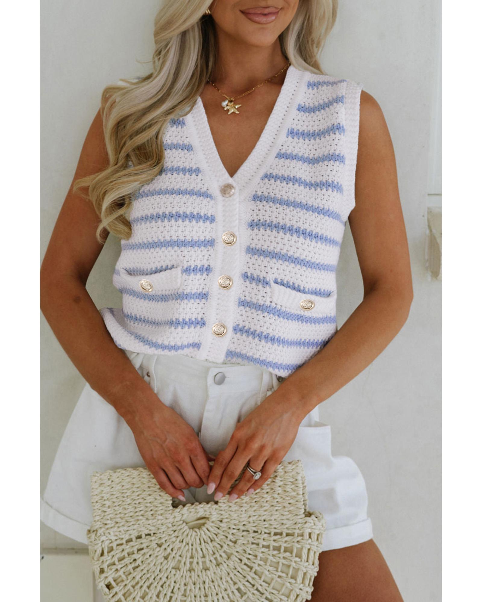 Sky Blue Stripe V Neck Gold Buttons Elegant Sweater Vest - M