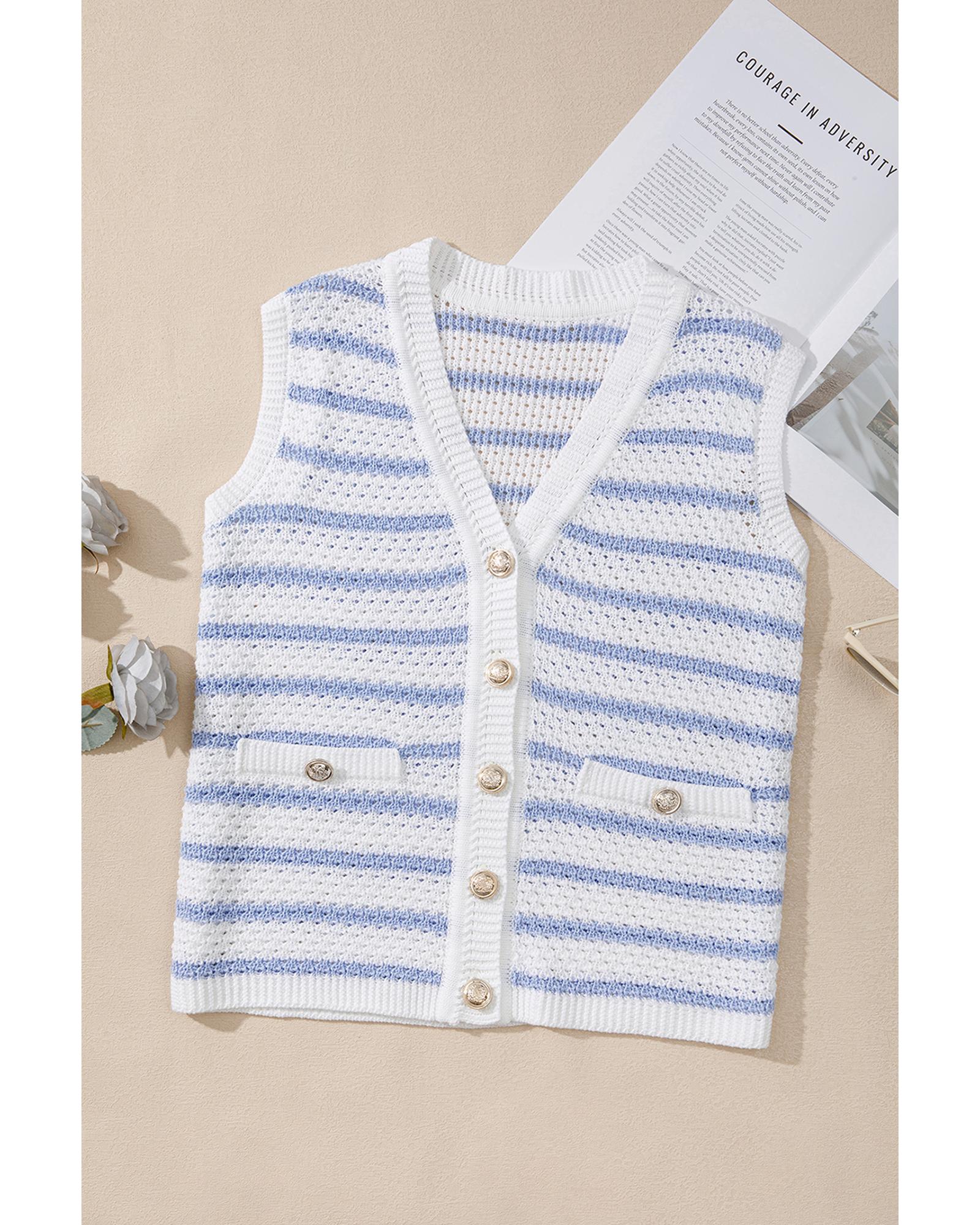 Sky Blue Stripe V Neck Gold Buttons Elegant Sweater Vest - S 8