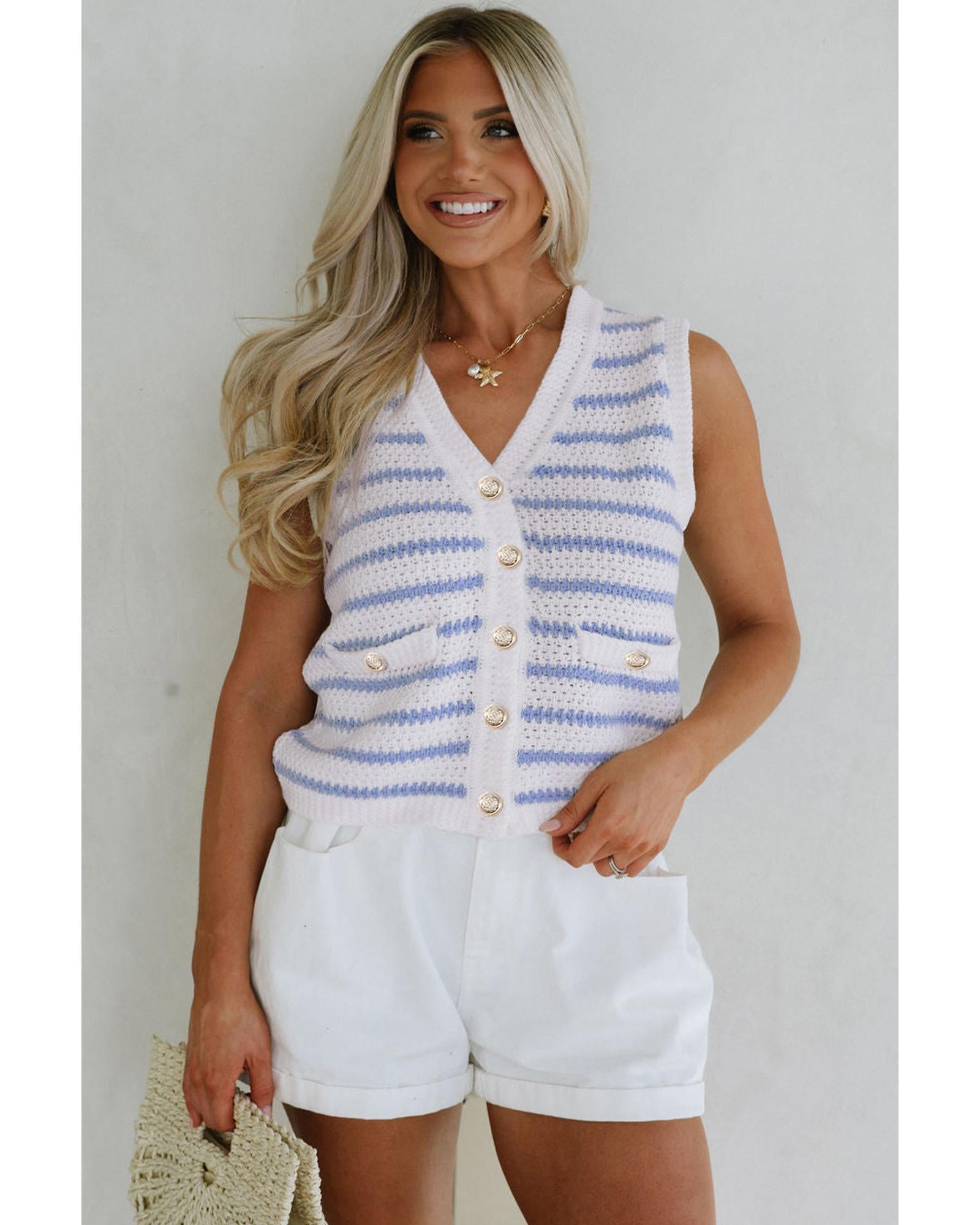 Sky Blue Stripe V Neck Gold Buttons Elegant Sweater Vest - XL 5