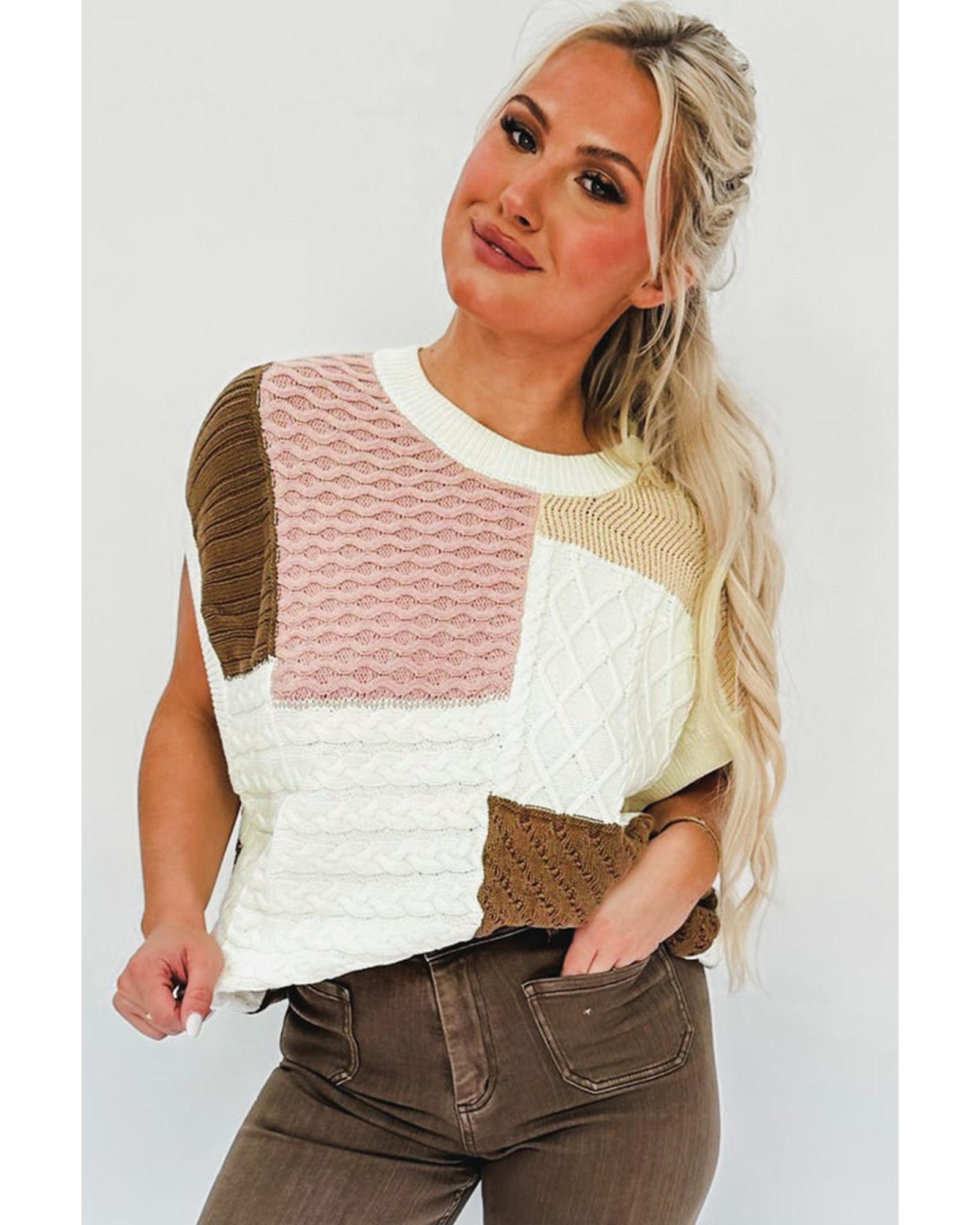 Multicolor Colorblock Mix Textured Sweater Tee - M