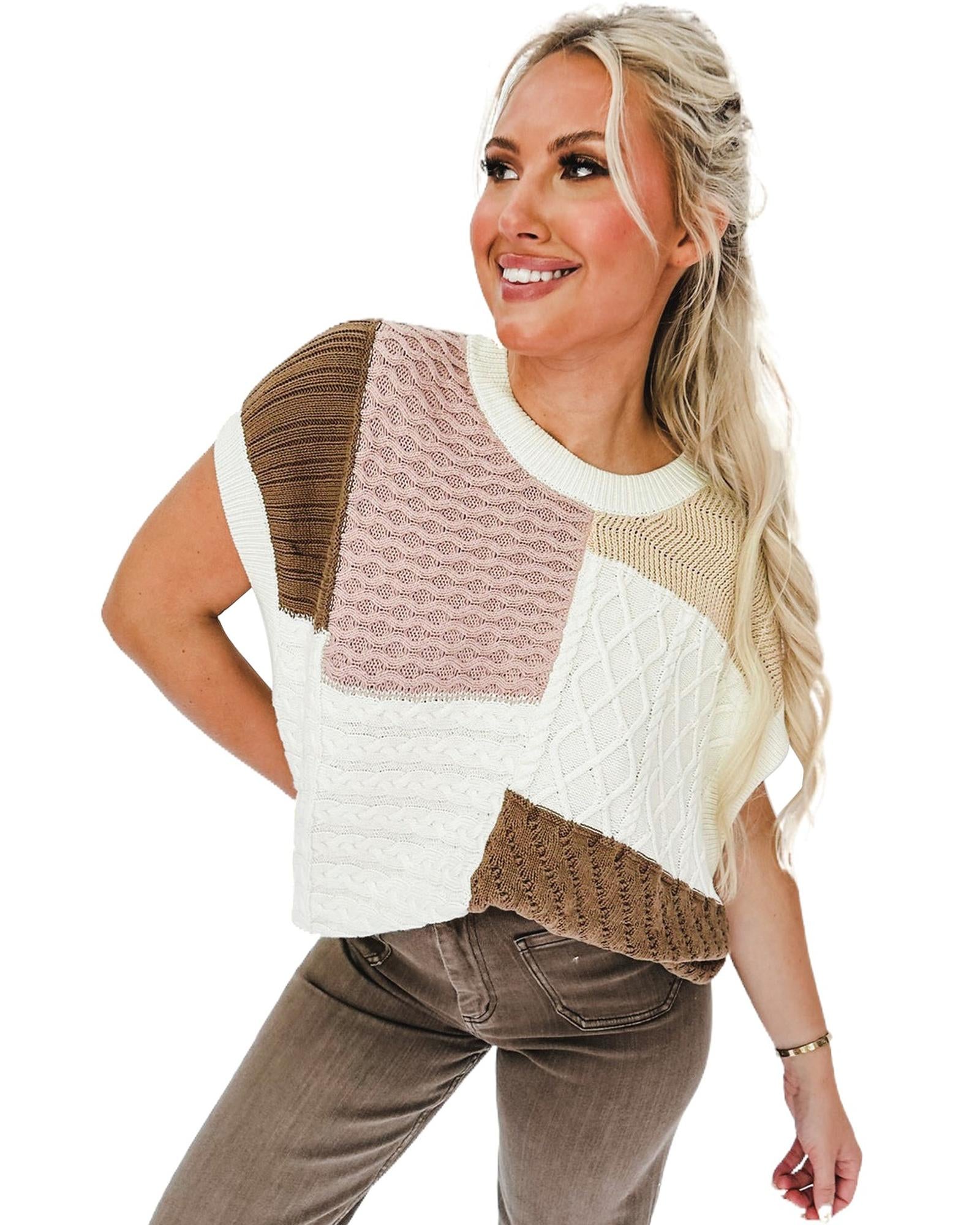 Multicolor Colorblock Mix Textured Sweater Tee - M 4