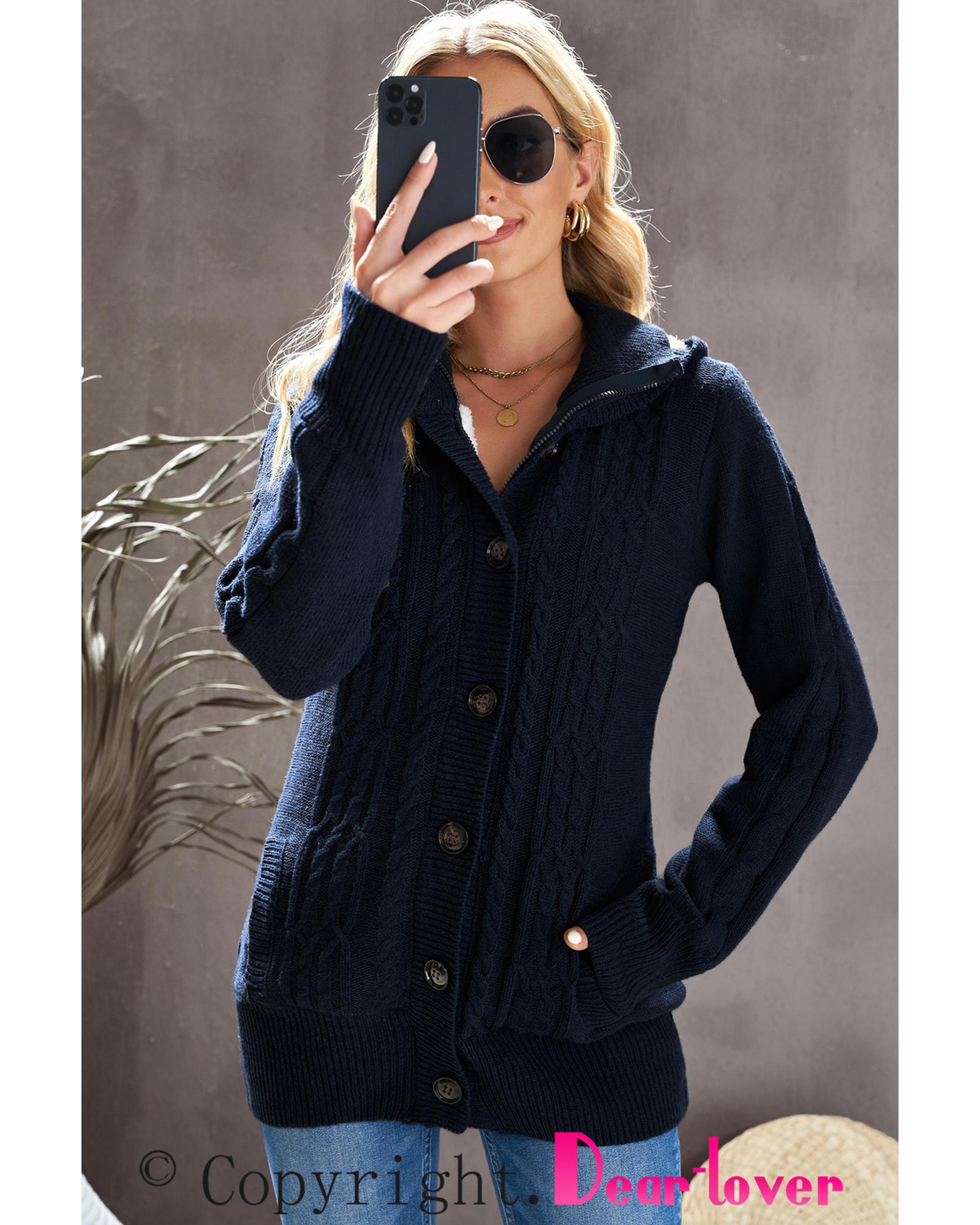 Navy Blue Long Sleeve Button-up Hooded Cardigans - 2XL 3
