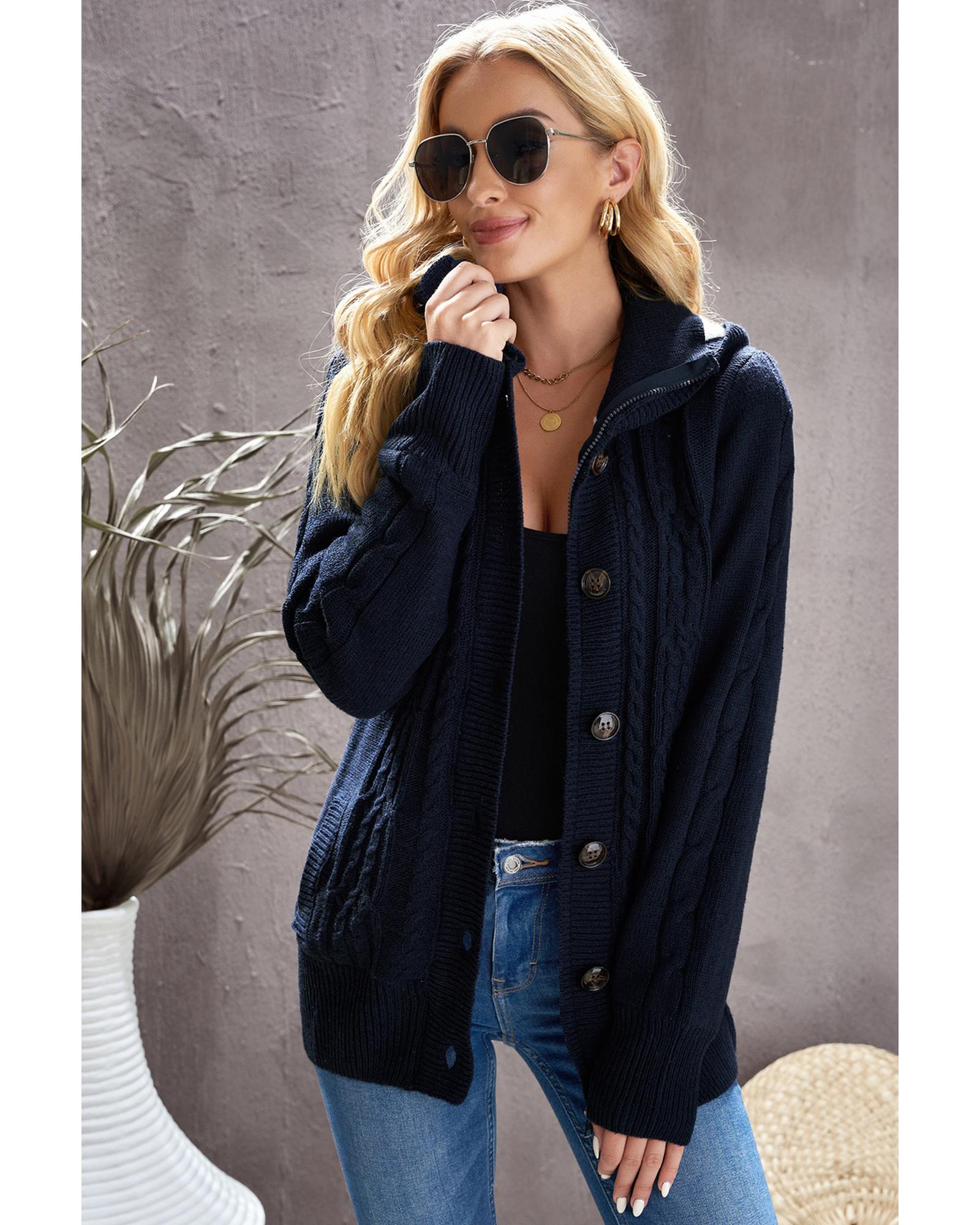 Navy Blue Long Sleeve Button-up Hooded Cardigans - 2XL 5