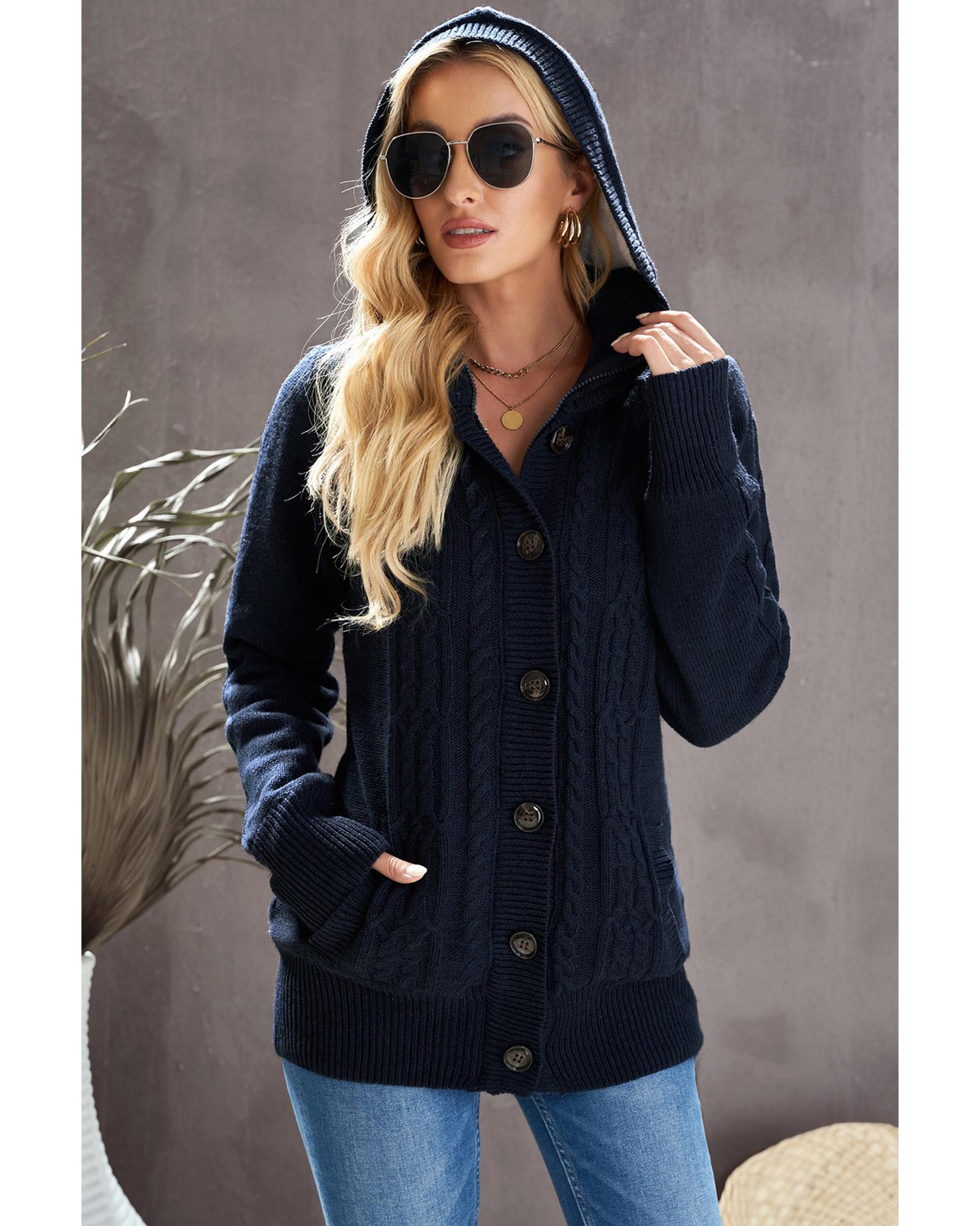 Navy Blue Long Sleeve Button-up Hooded Cardigans - 2XL 6